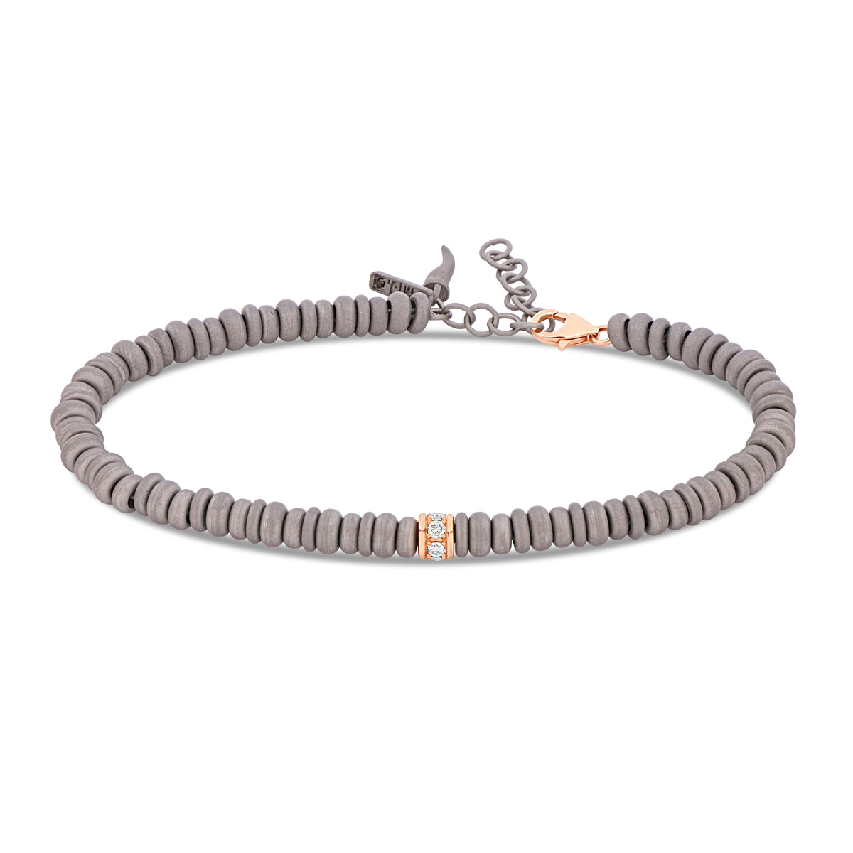 BRACCIALE UOMO CON ANELLINI IN TITANIO, RONDELLA IN ORO ROSSO 9 KT E DIAMANTI BROWN