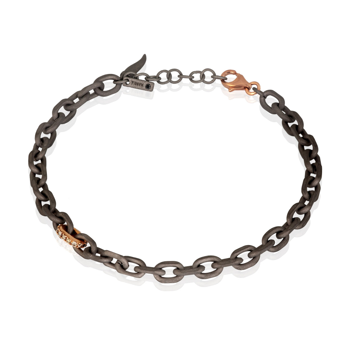 BRACCIALE UOMO CON CATENA IN TITANIO, ORO ROSSO 9 KT E DIAMANTI BROWN