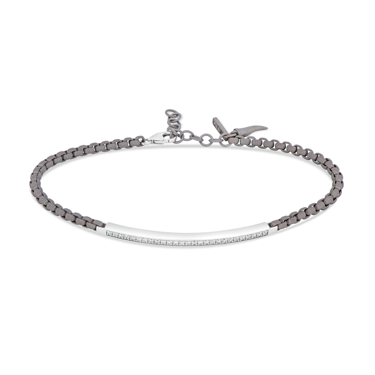 BRACCIALE UOMO CON CATENINA SCOOBY DOO IN TITANIO E TARGHETTA IN ORO BIANCO 9 KT CON DIAMANTI WHITE