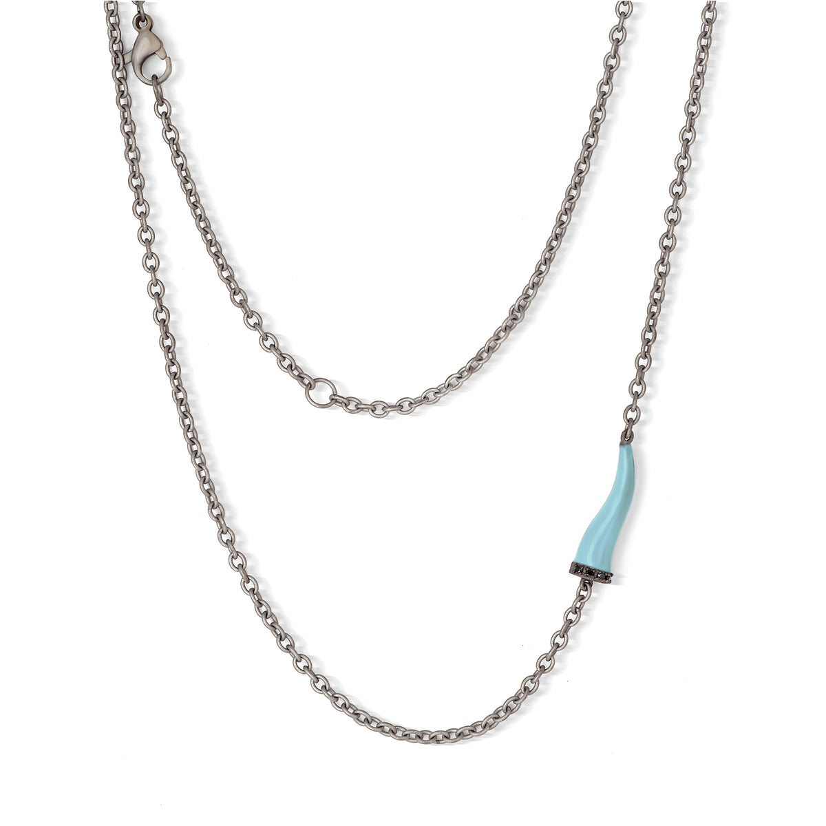 COLLANA LINEA CHARMS CON CORNETTO IN TITANIO SMALTATO AZZURRO, 5 DIAMANTI BLACK E CATENA