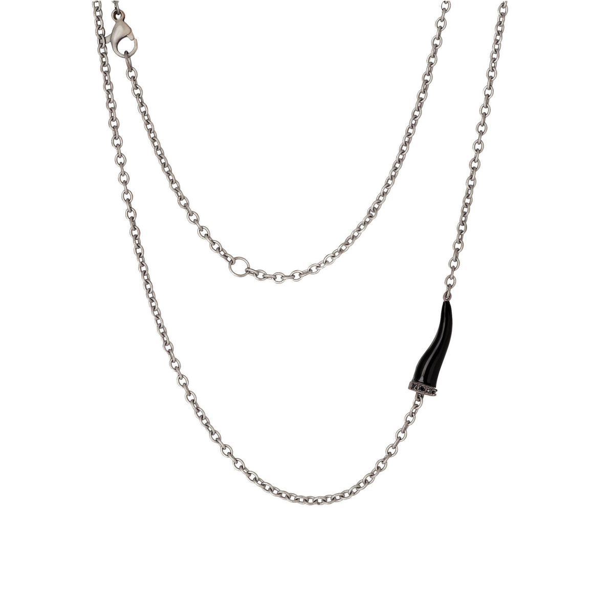 COLLANA LINEA CHARMS CON CORNETTO IN TITANIO SMALTATO NERO, 5 DIAMANTI BLACK E CATENA