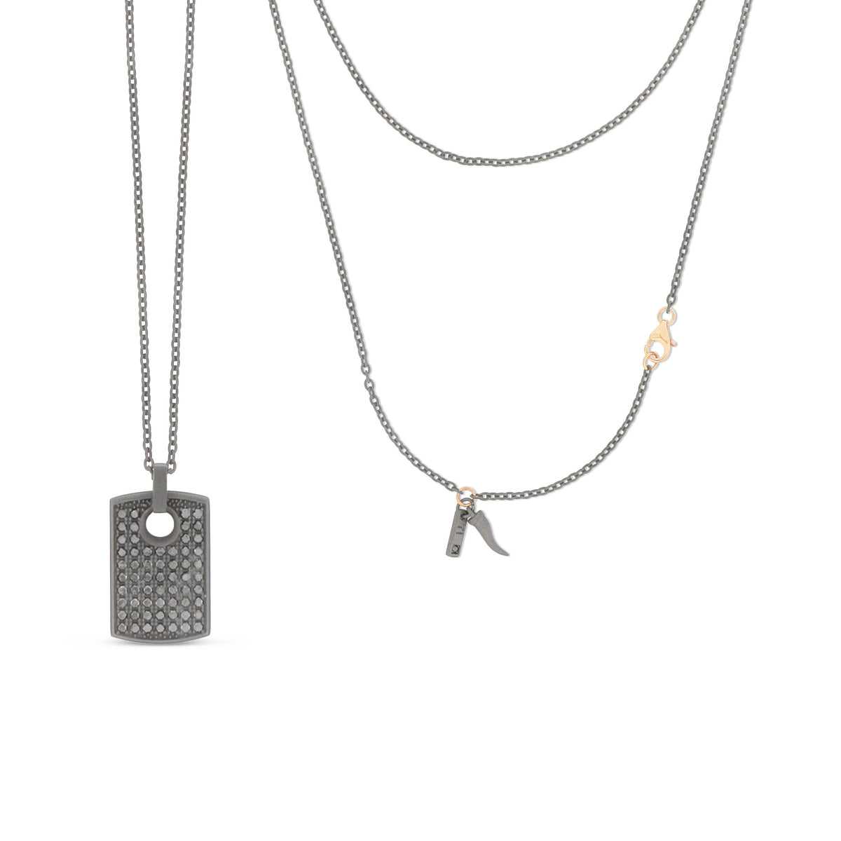 COLLANA CON TARGHETTA PICCOLA IN TITANIO, MOSCHETTONE ORO ROSSO 9 KT, DIAMANTI BLACK E CATENA