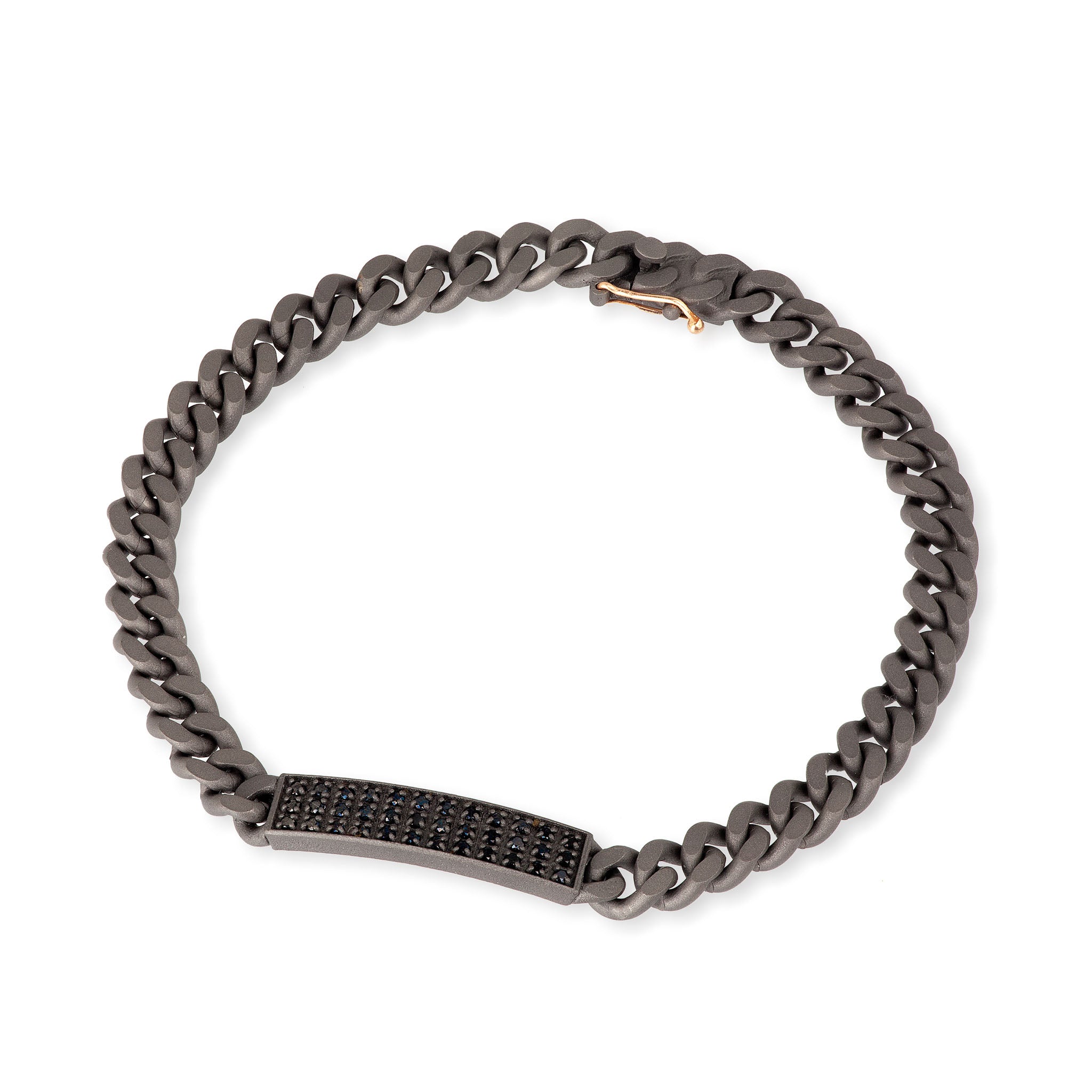 BRACELET HOMME EN TITANE, PLAQUE AVEC DIAMANTS NOIRS ET OR ROUGE 18KT.