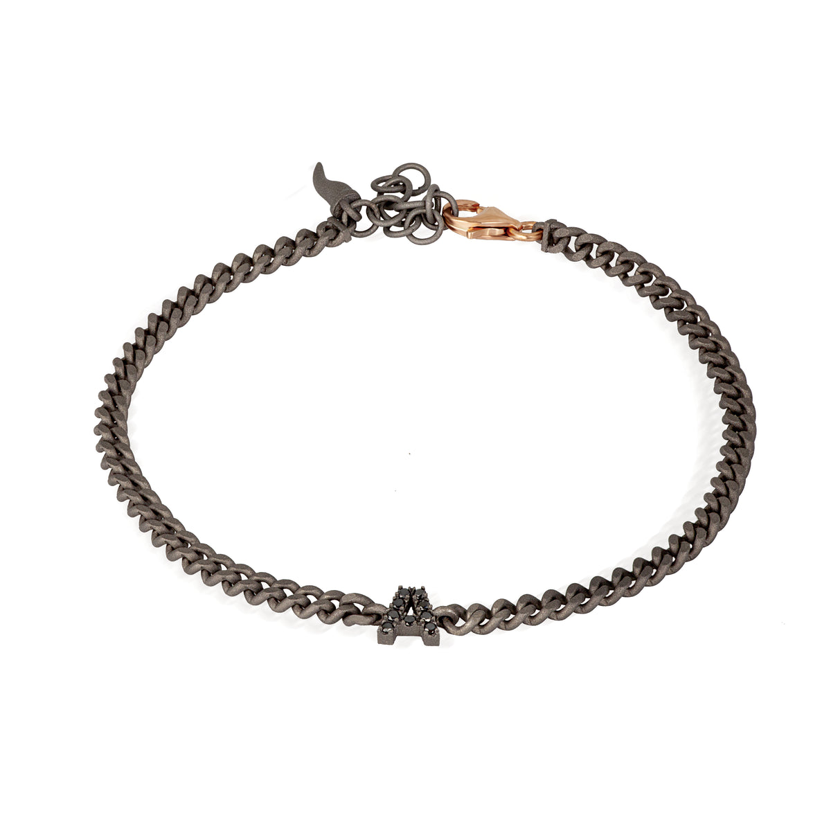 BRACCIALE GROUMETTE TITANIO CON CHIUSURA IN ORO ROSSO 9 KT, INIZIALE IN TITANIO CON DIAMANTI BLACK