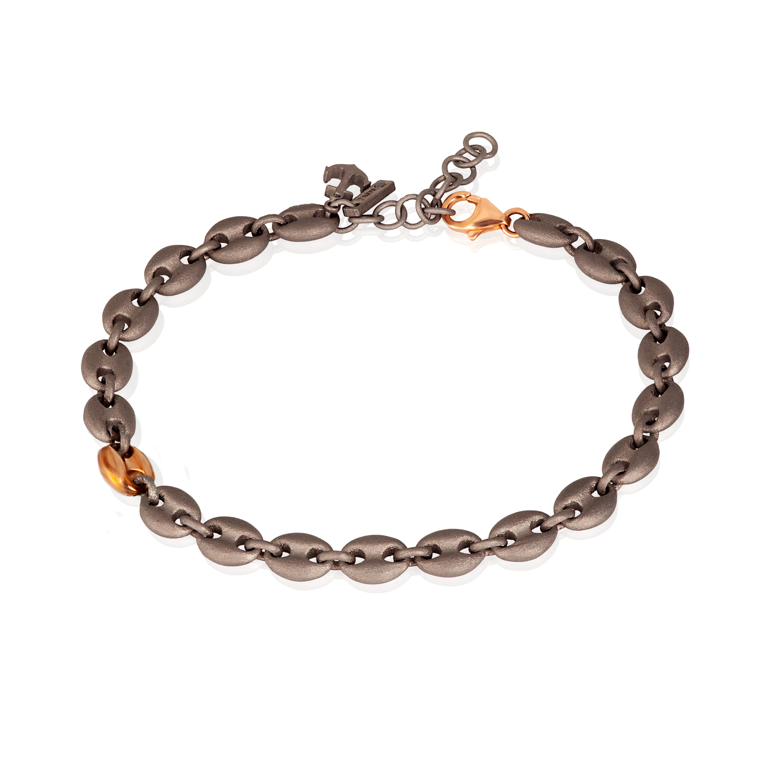 BRACELET HOMME AVEC GRANDES MAILLES MARINE EN TITANE ET OR ROUGE 9 KT, ANCRE EN TITANE ET DIAMANT NOIR
