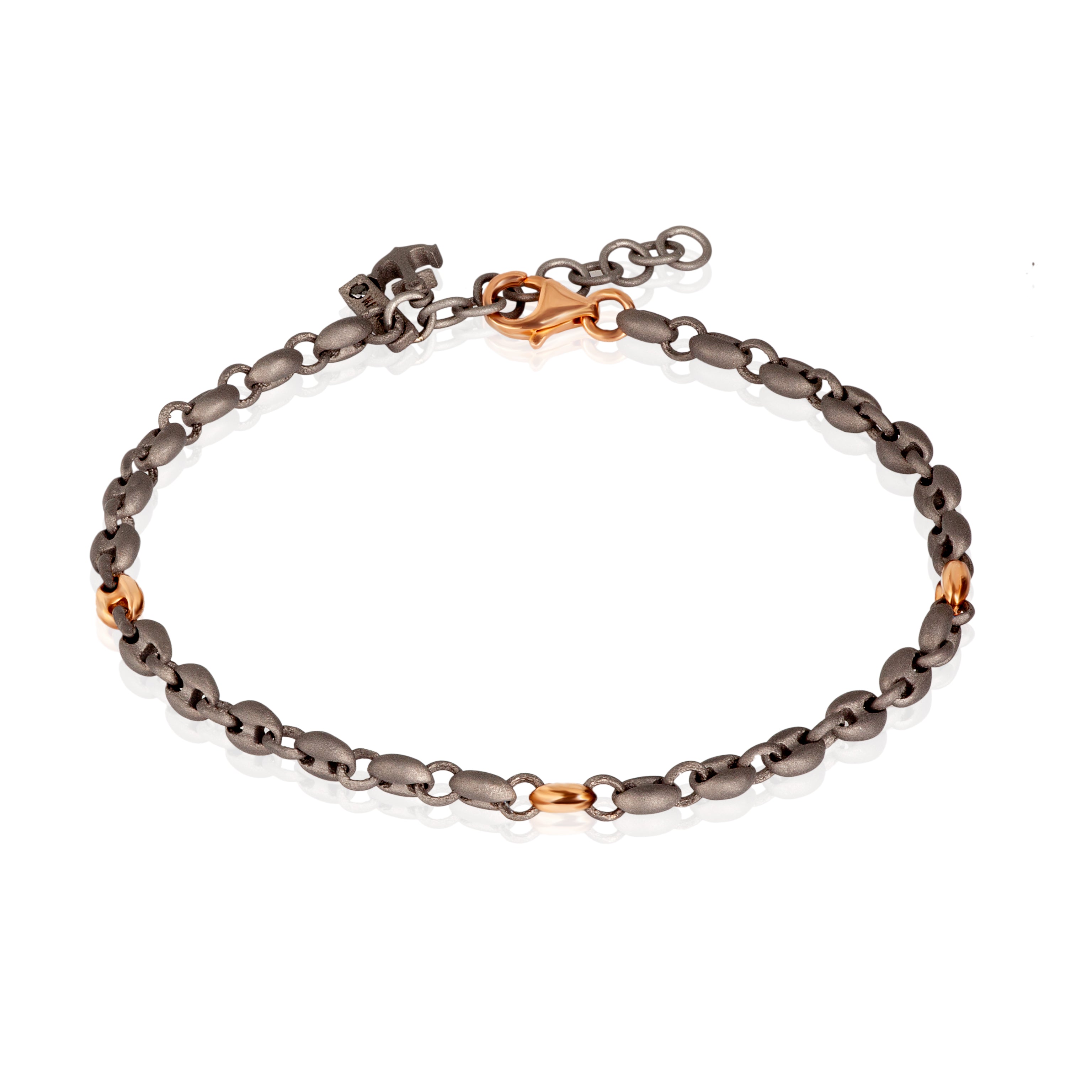 BRACELET HOMME AVEC PETITES MAILLES MARINE EN TITANE ET OR ROUGE 9 KT, ANCRE EN TITANE ET DIAMANT NOIR