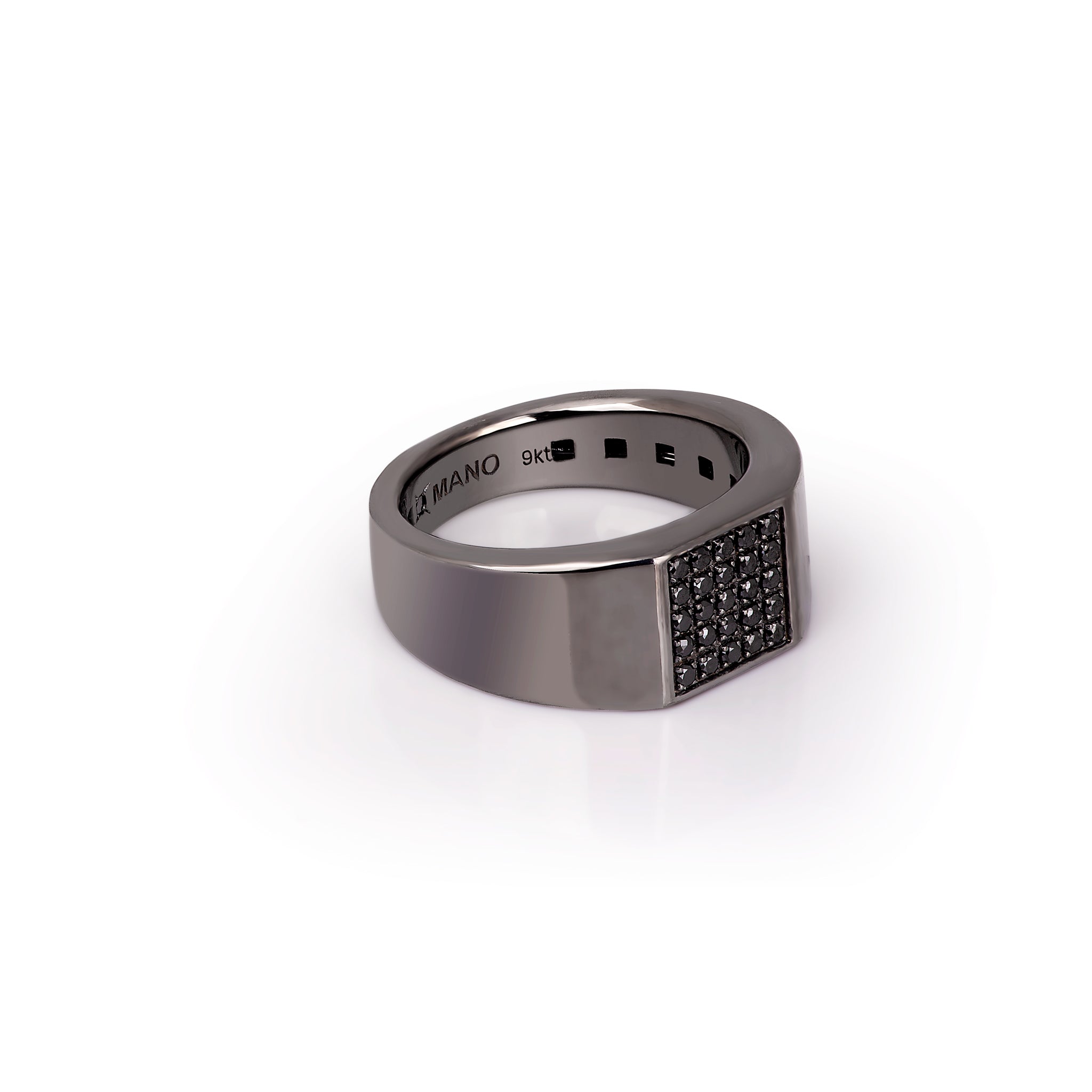 ANELLO UOMO ORO BIANCO BRUNITO 9 KT CON 25 DIAMANTI BLACK.
