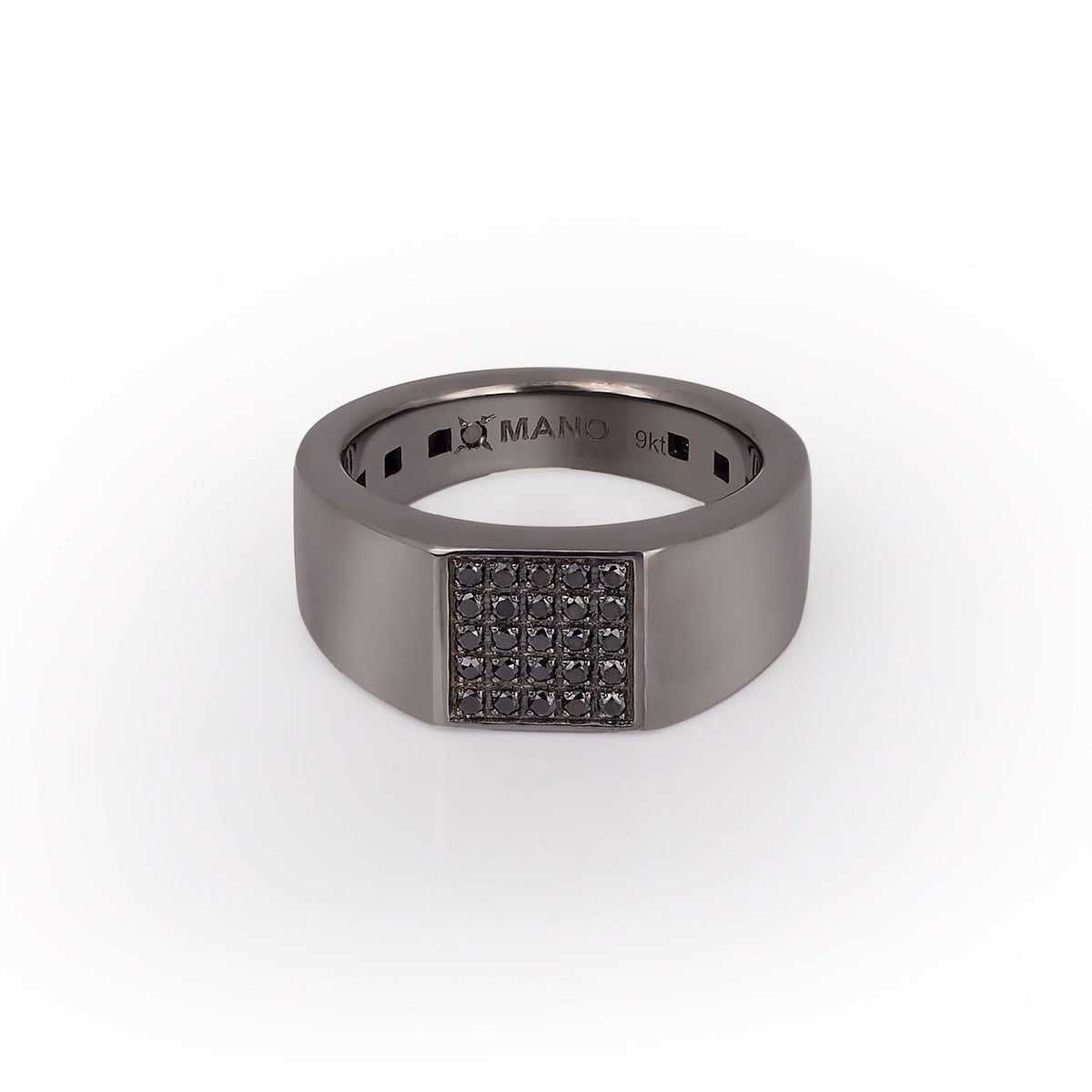 ANELLO UOMO ORO BIANCO BRUNITO 9 KT CON 25 DIAMANTI BLACK.