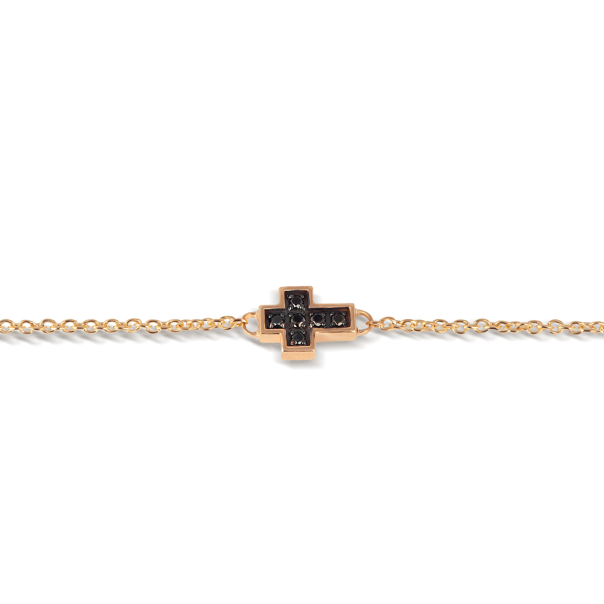 BRACCIALE UOMO CON CROCE ORO ROSSO 9 KT, DIAMANTI BLACK E CATENA ORO ROSSO 9 KT