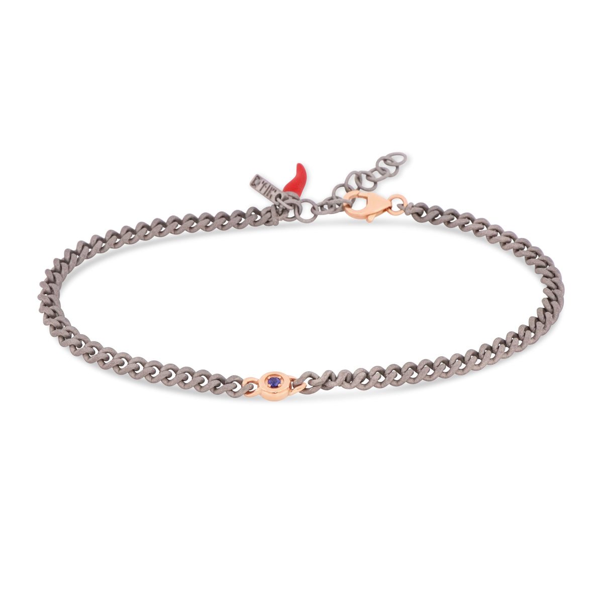 BRACCIALE UOMO IN TITANIO CON PUNTO LUCE, ZAFFIRI BLU E UNA CATENA GROUMETTE, ORO ROSSO 9KT