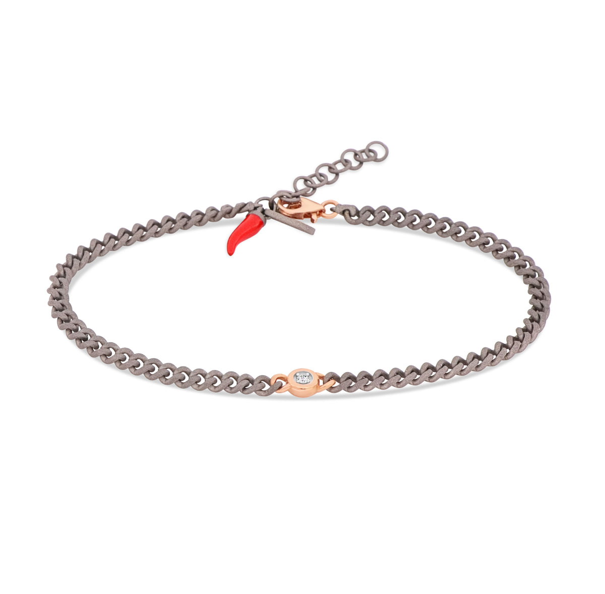 BRACCIALE UOMO IN TITANIO CON PUNTO LUCE, DIAMANTI WHITE E UNA CATENA GROUMETTE, ORO ROSSO 9KT