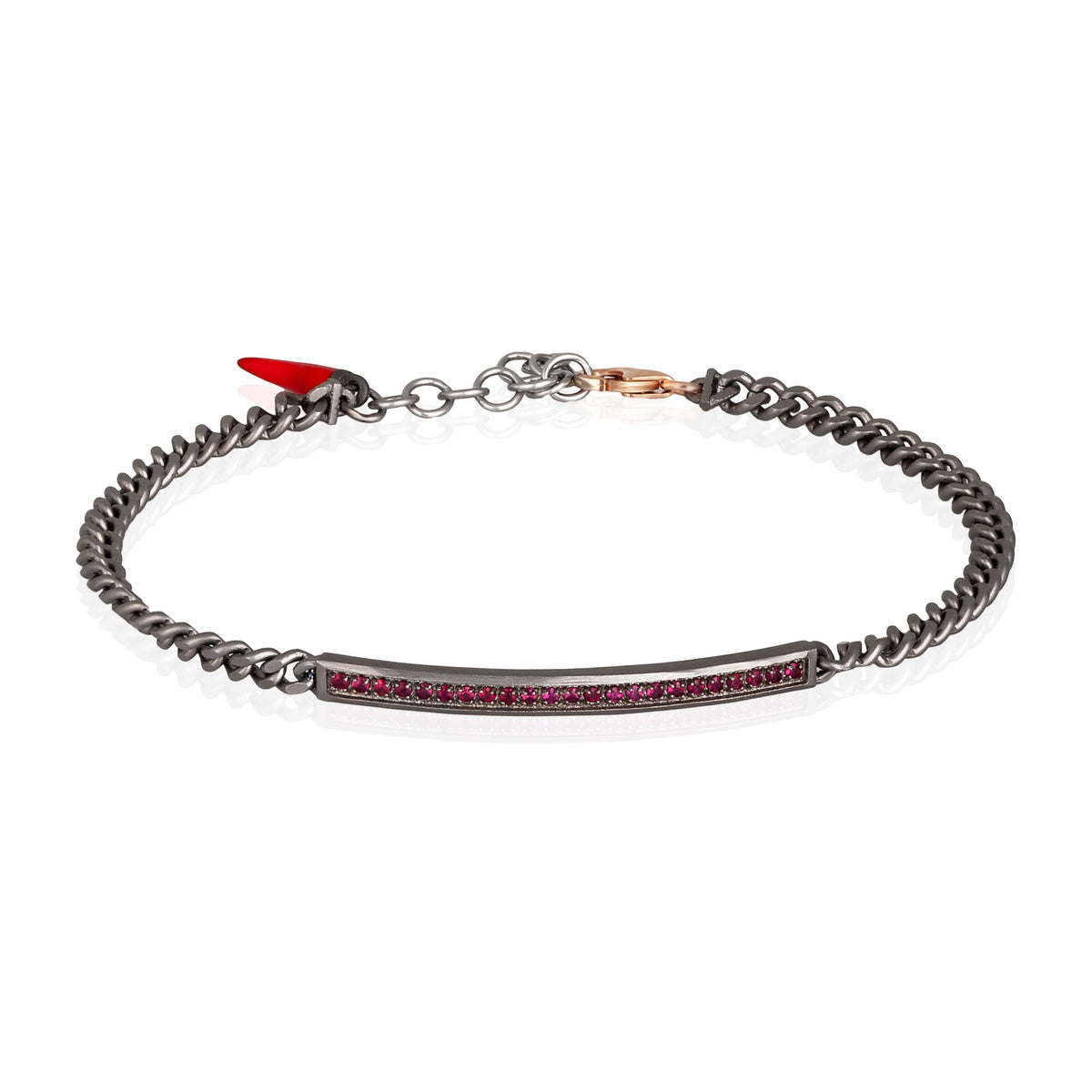 BRACCIALE UOMO IN TITANIO CON BARRETTA, RUBINI E CATENA GROUMETTE CON ORO ROSSO 9KT