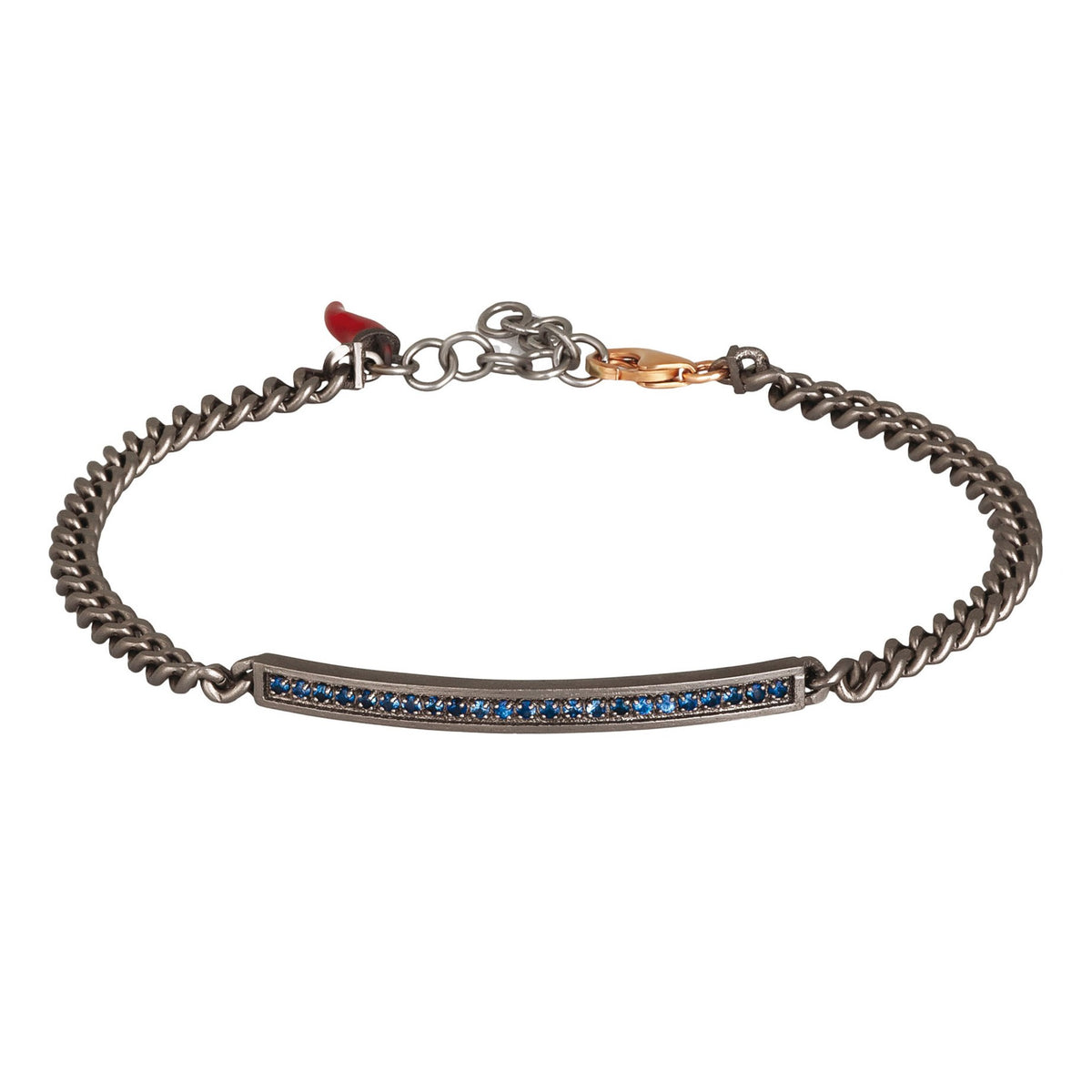 BRACCIALE UOMO IN TITANIO CON BARRETTA, ZAFFIRI BLU CON UNA CATENA GROUMETTE E ORO ROSSO 9KT