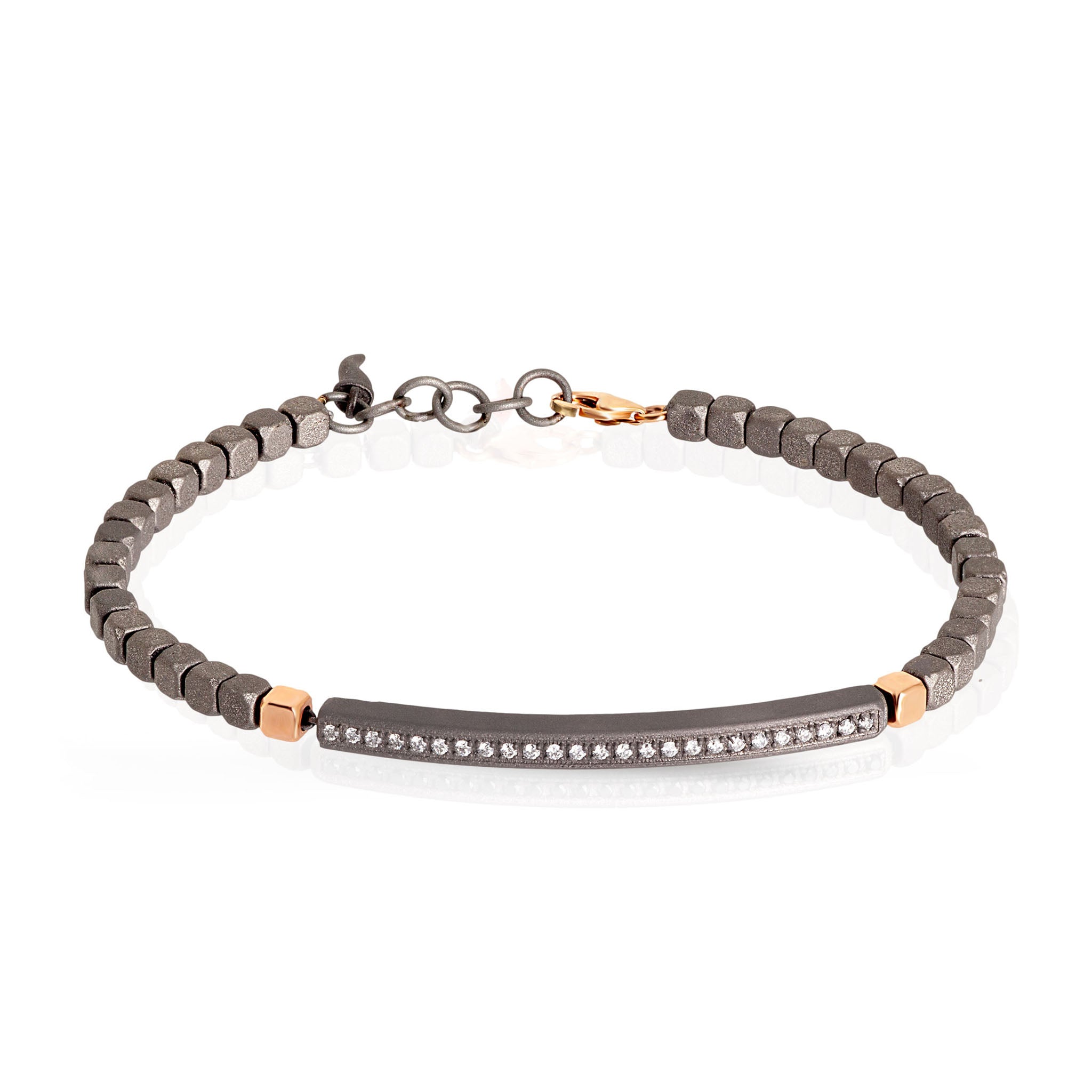 Bracelet UOMO IN Titanium, 2 CUBI and MOSCHETTONE IN Rose gold 9KT and Diamonds WHITE