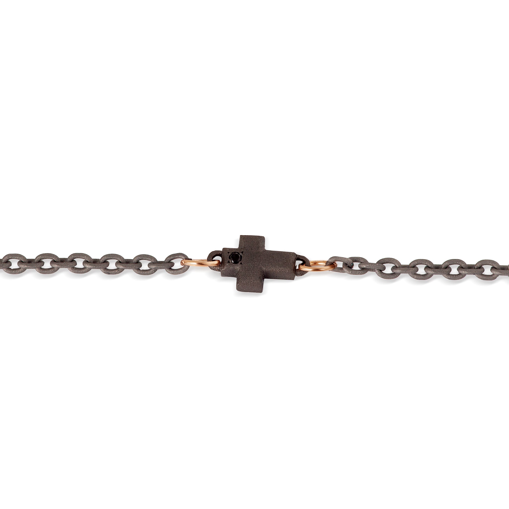 BRACELET HOMME 1 CROIX EN TITANE, DIAMANTS NOIRS, OR ROUGE 9 KT ET CHAÎNE.