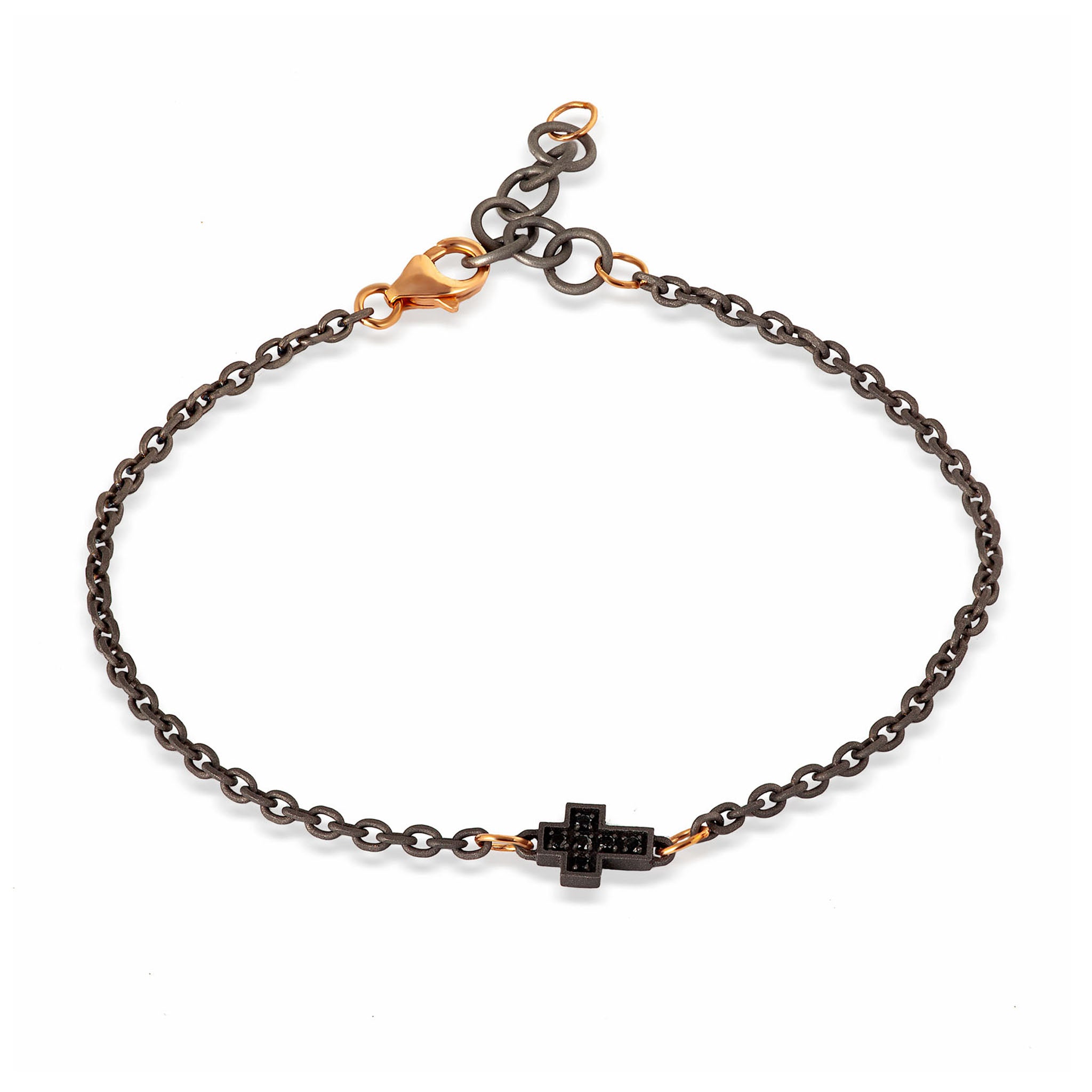 Bracelet UOMO 1 CROCE IN Titanium, Diamonds BLACK, Rose gold 9 KT and CATENA.