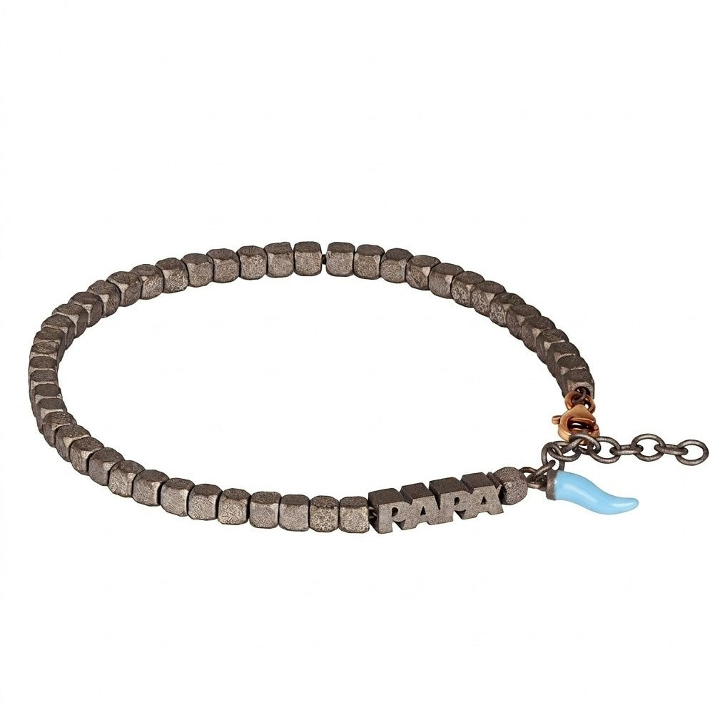 BRACCIALE CON PAPA' IN TITANIO, ORO ROSSO 9KT E CORNETTO SMALTATO AZZURRO