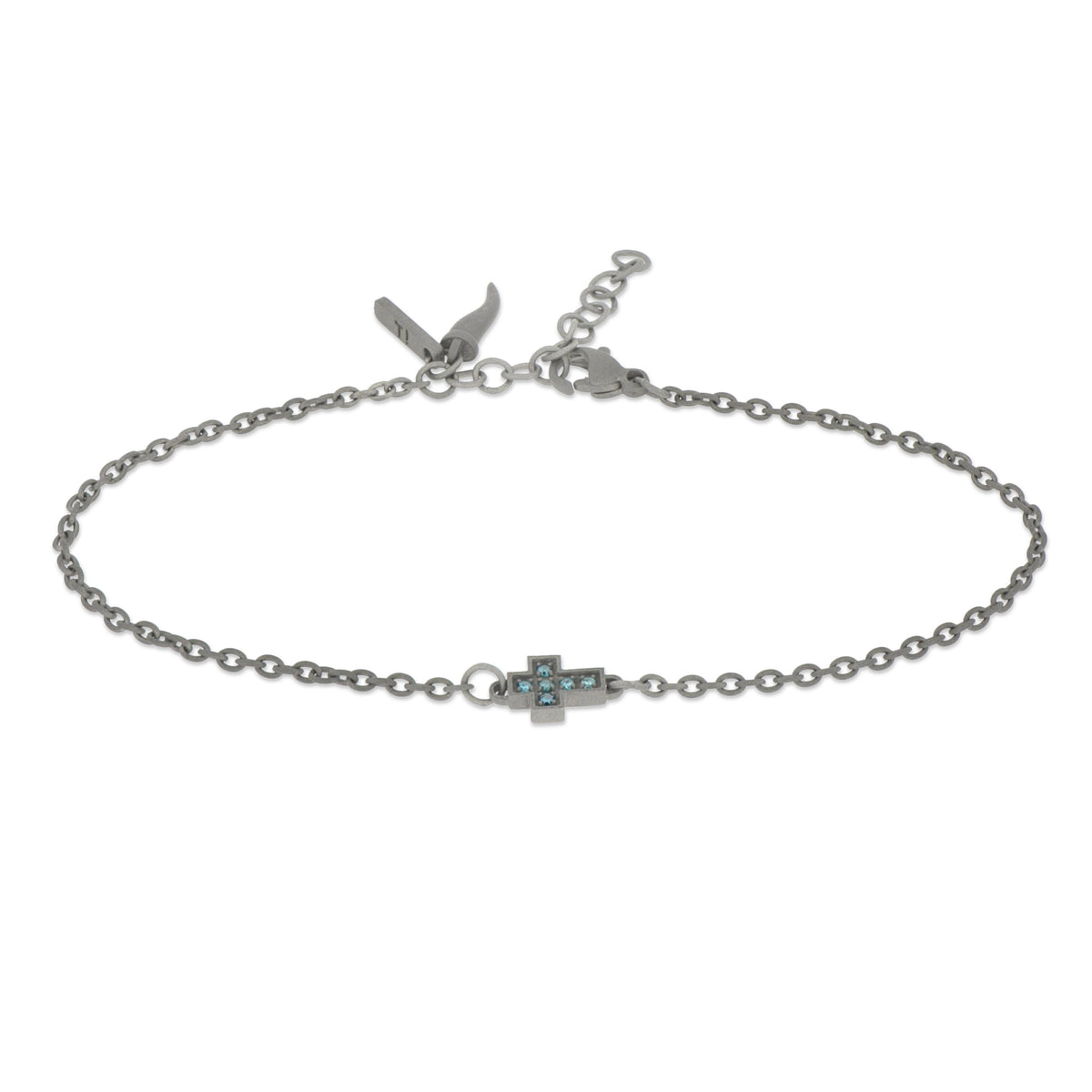 BRACCIALE IN TITANIO CON CROCE CENTRALE E DIAMANTI BLU