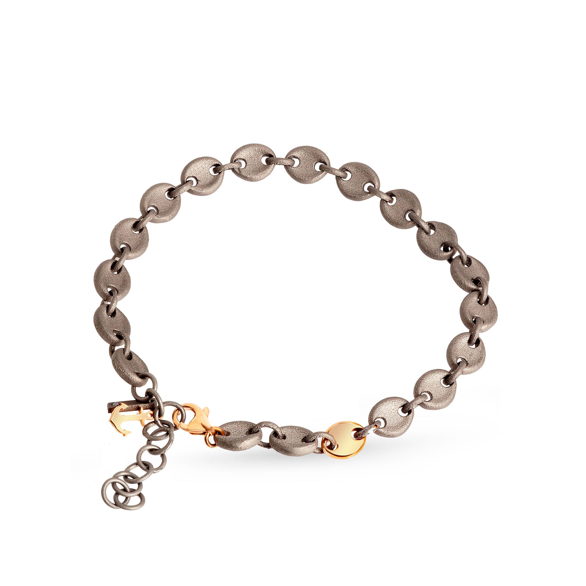 BRACELET HOMME AVEC MAILLONS MARINE EN TITANE, UN MAILLON ET ANCRE EN OR ROUGE 9KT