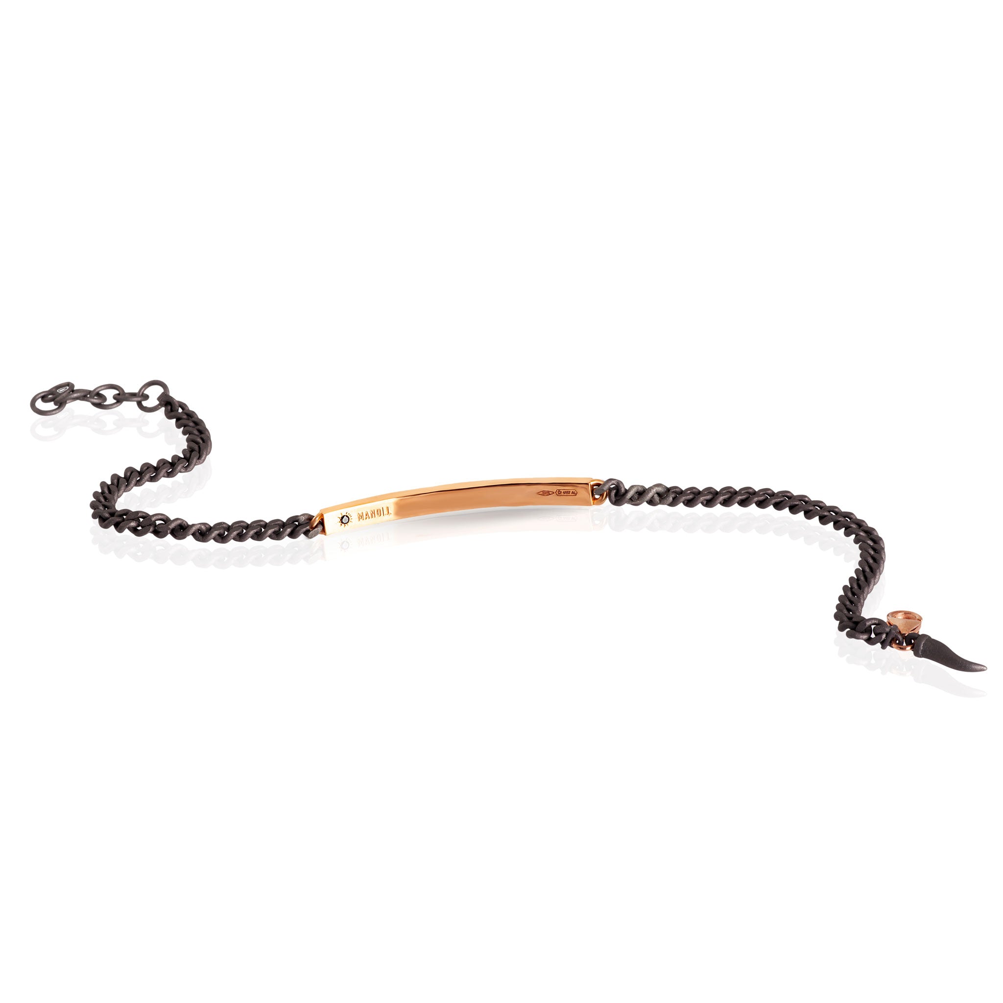 BRACELET HOMME CHAÎNE GROUMETTE EN TITANE, BARRETTE EN OR ROUGE 9KT, DIAMANTS NOIRS