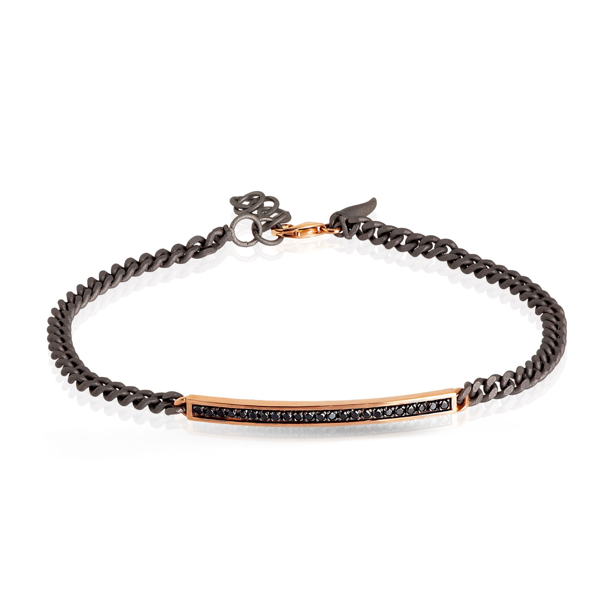 Bracelet UOMO CATENA GROUMETTE IN Titanium, BARRETTA IN Rose gold 9KT, Diamonds BLACK