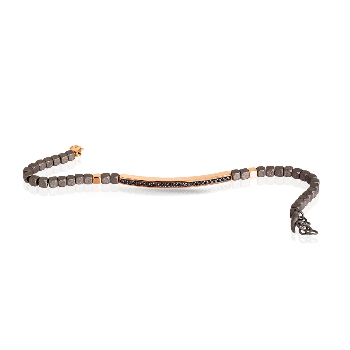 BRACCIALE UOMO IN TITANIO, BARETTA E 2 CUBI IN ORO ROSSO 9KT E DIAMANTI BLACK