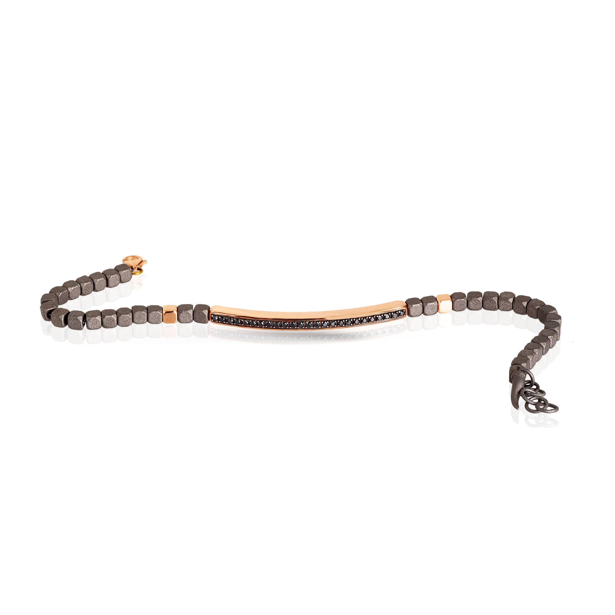 BRACCIALE UOMO IN TITANIO, BARETTA E 2 CUBI IN ORO ROSSO 9KT E DIAMANTI BLACK