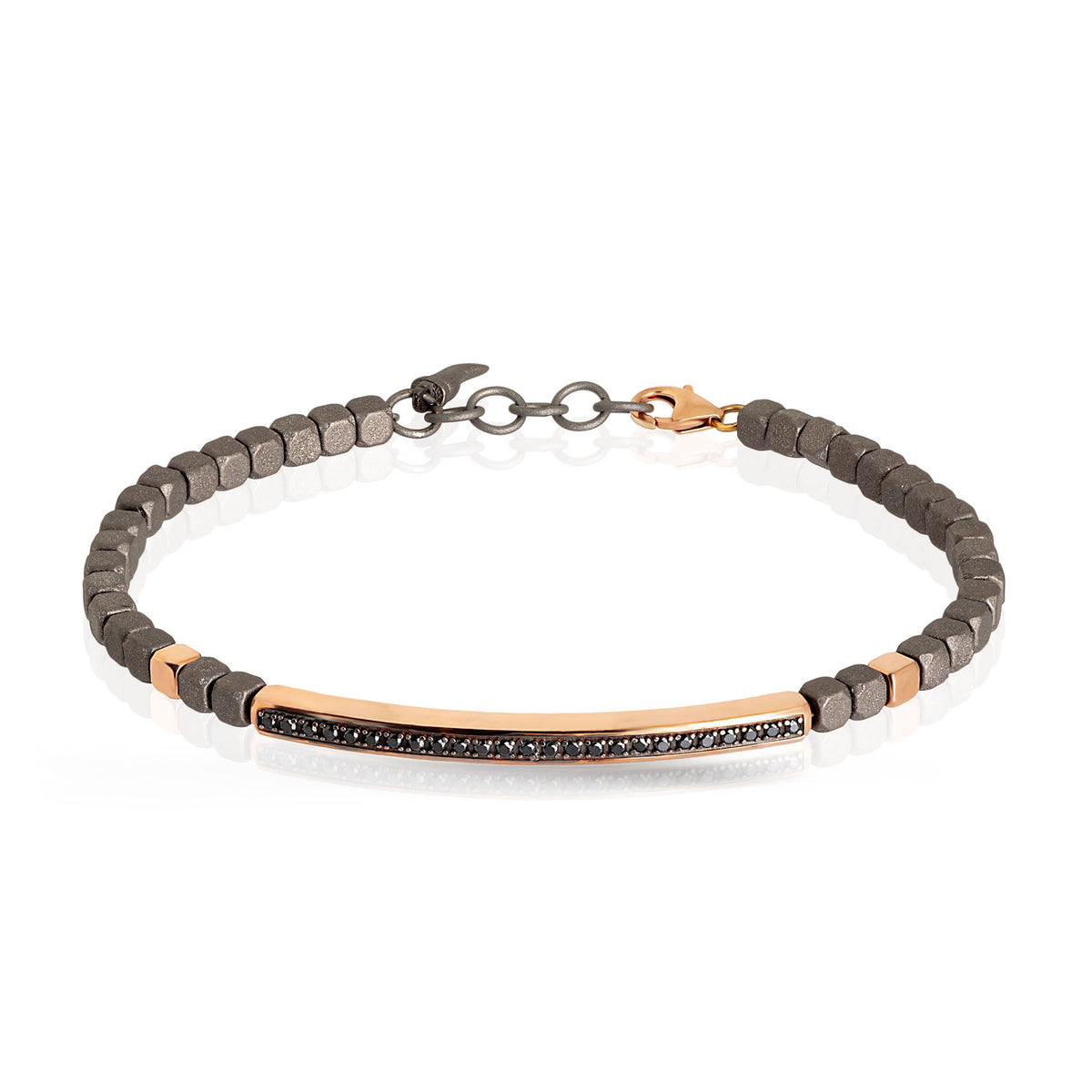 BRACCIALE UOMO IN TITANIO, BARETTA E 2 CUBI IN ORO ROSSO 9KT E DIAMANTI BLACK