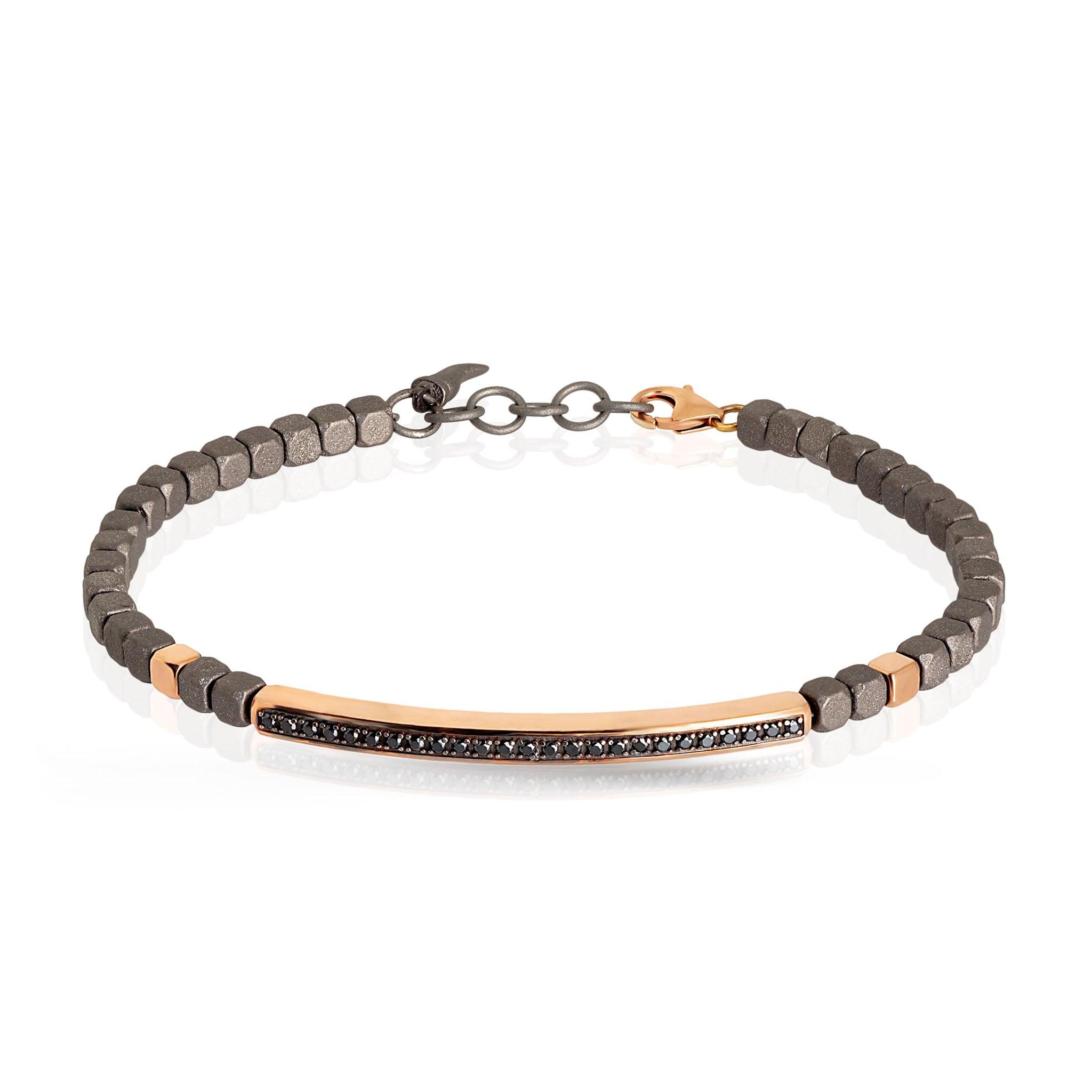 BRACCIALE UOMO IN TITANIO, BARETTA E 2 CUBI IN ORO ROSSO 9KT E DIAMANTI BLACK