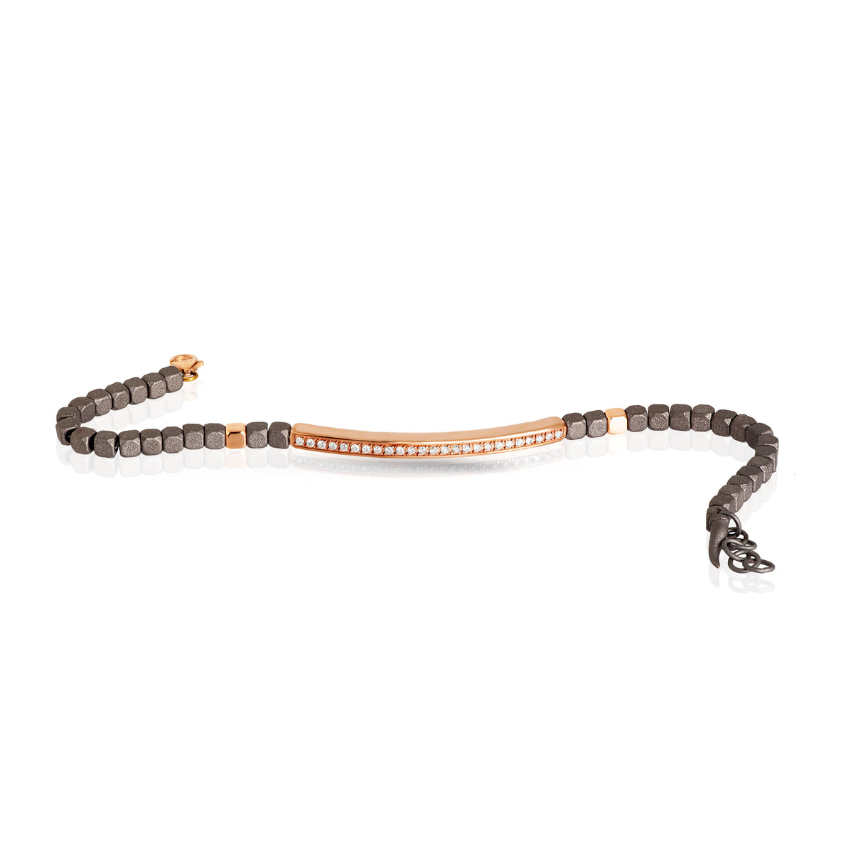 BRACCIALE UOMO IN TITANIO, BARETTA E 2 CUBI IN ORO ROSSO 9KT E DIAMANTI WHITE