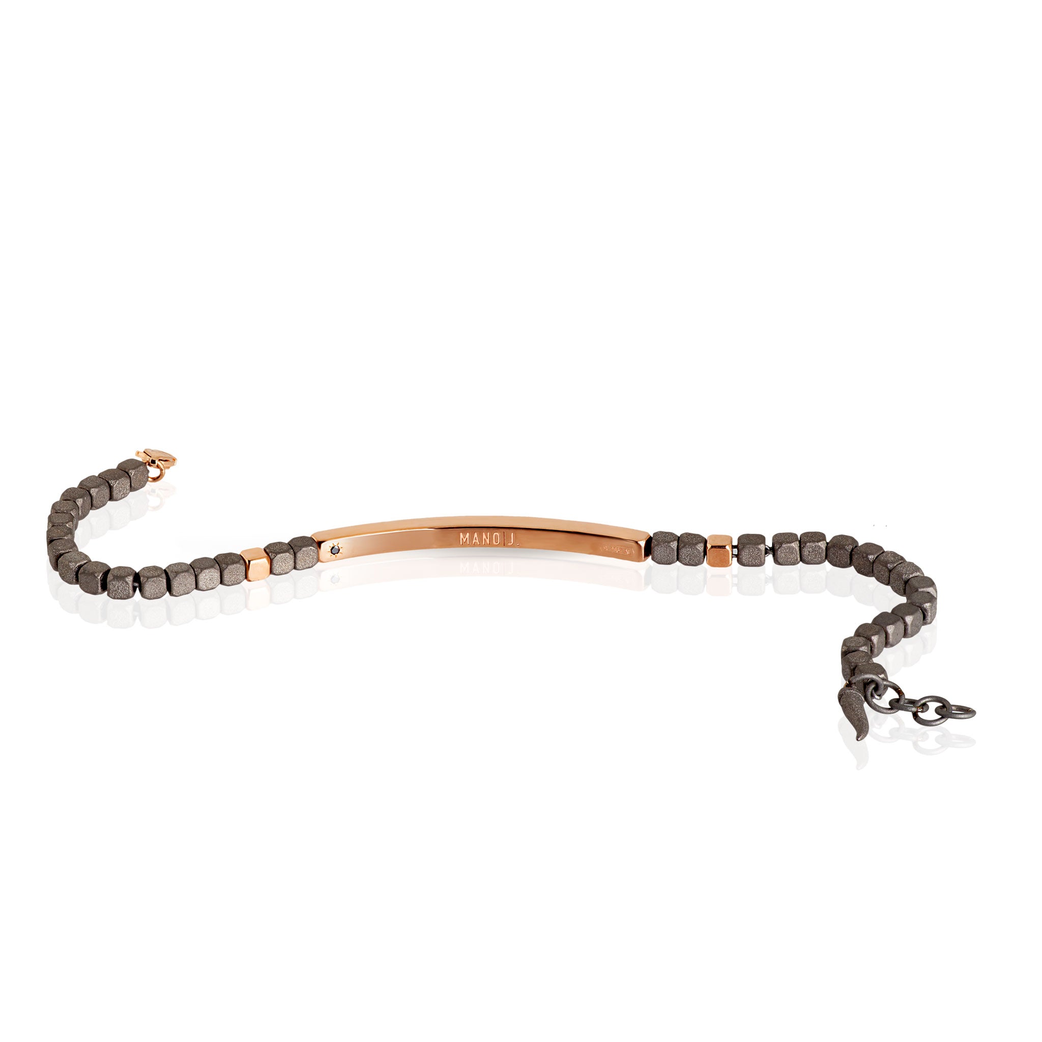 BRACCIALE UOMO IN TITANIO, BARETTA E 2 CUBI IN ORO ROSSO 9KT E DIAMANTI WHITE