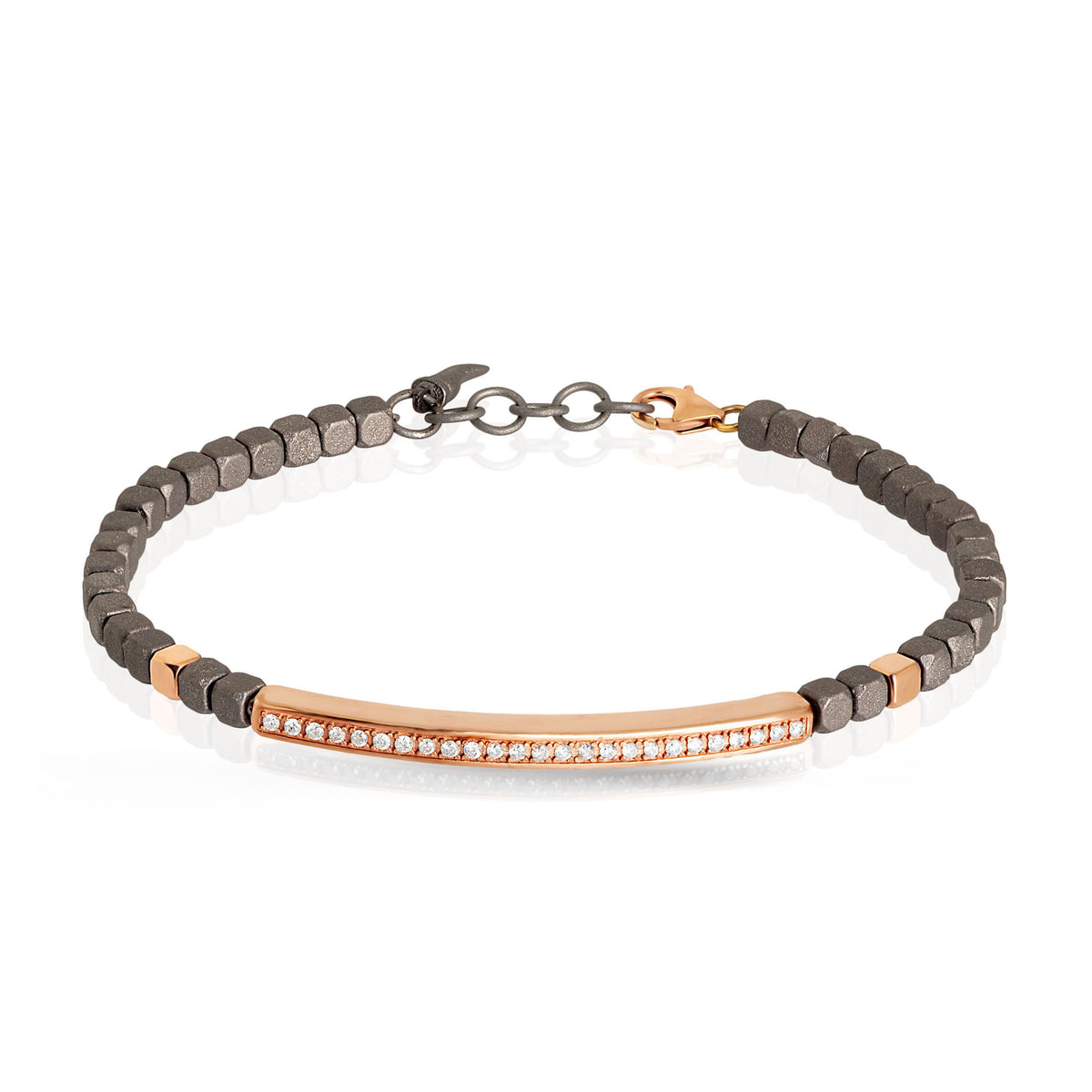 BRACCIALE UOMO IN TITANIO, BARETTA E 2 CUBI IN ORO ROSSO 9KT E DIAMANTI WHITE