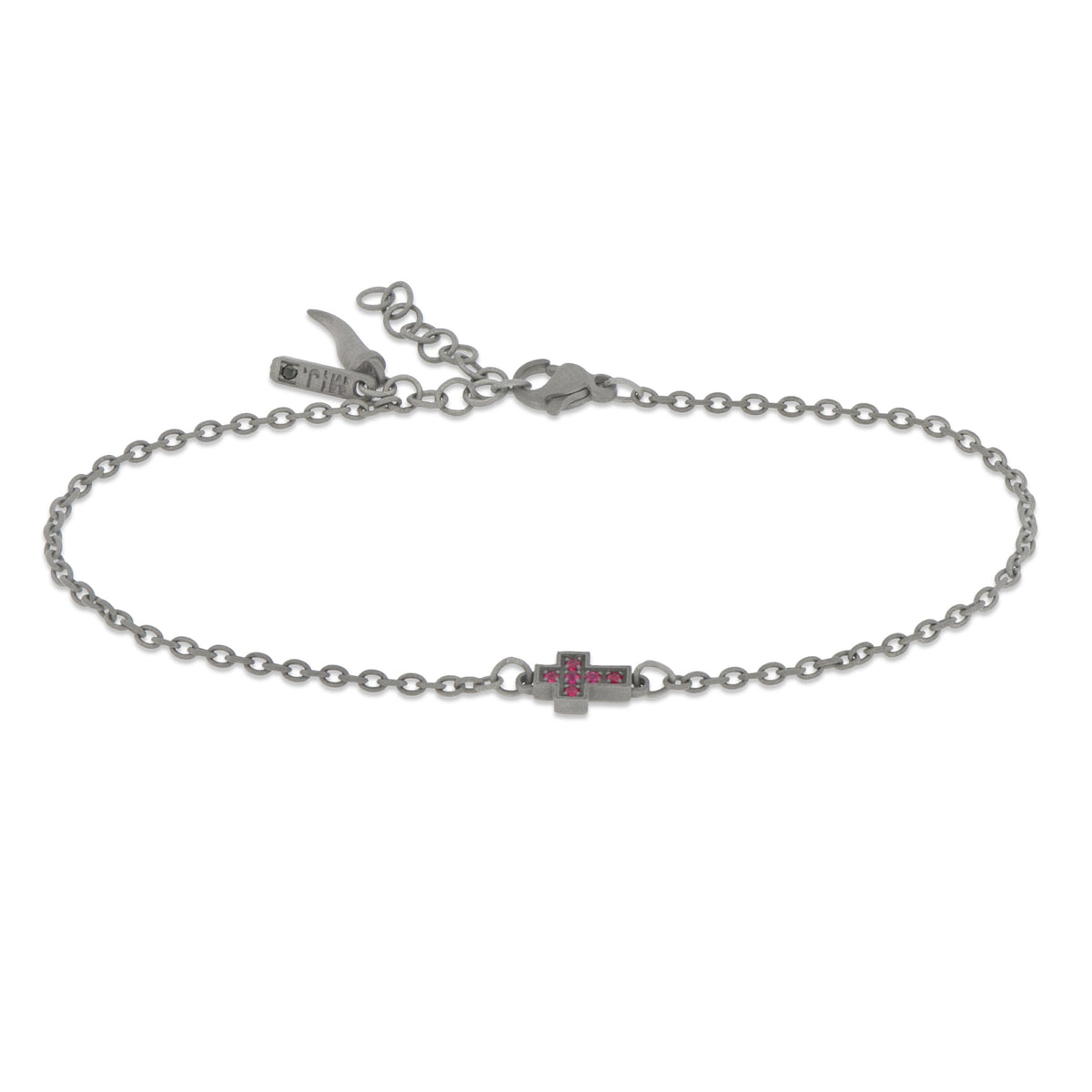 BRACCIALE IN TITANIO CON CROCE CENTRALE E RUBINI