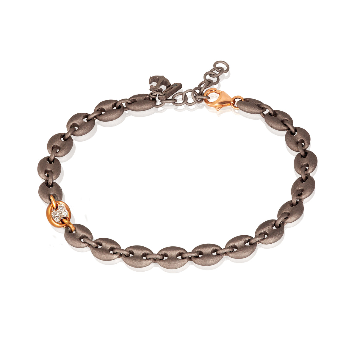 BRACCIALE UOMO CON MAGLIE MARINE IN TITANIO, UNA MAGLIA ED ANCORA IN ORO ROSSO 9KT CON DIAMANTI WHITE