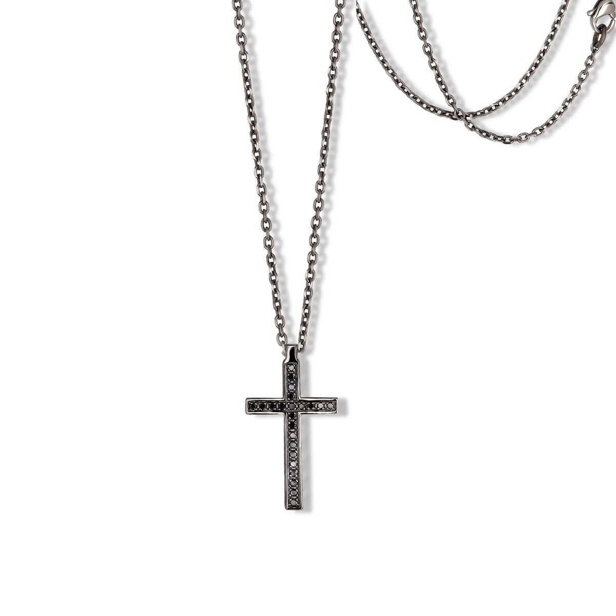 COLLANA MINIMAL CON CROCE GRANDE IN ORO BIANCO 9 KT BRUNITO,23 DIAMANTI BLACK E CATENA IN TITANIO