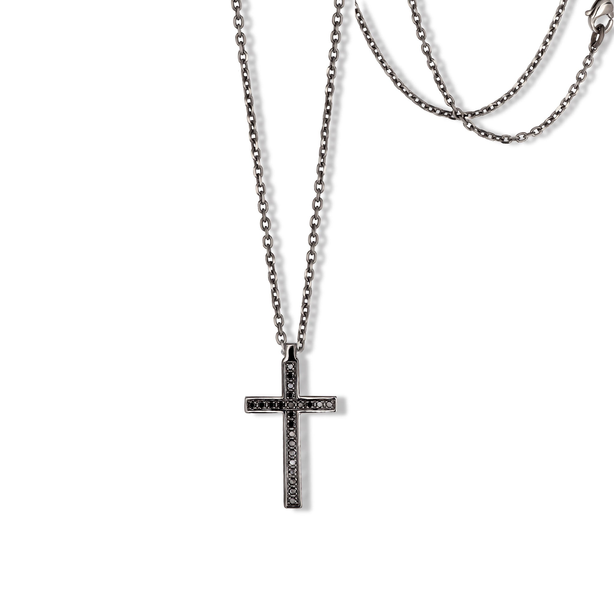 COLLANA MINIMAL CON CROCE GRANDE IN ORO BIANCO 9 KT BRUNITO,23 DIAMANTI BLACK E CATENA IN TITANIO