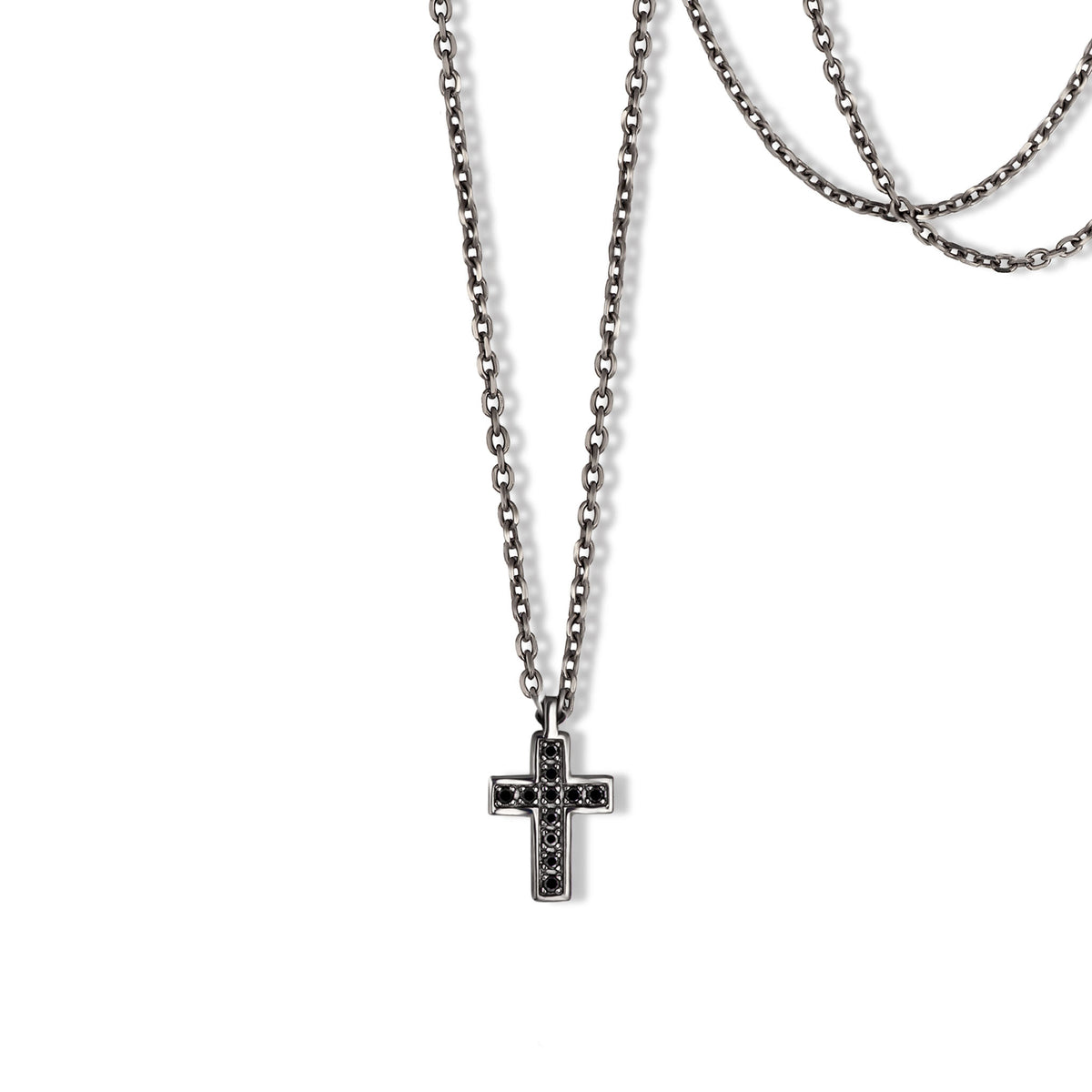 CROCE PICCOLA IN ORO 9 KT CON DIAMANTI BLACK E CATENA IN TITANIO
