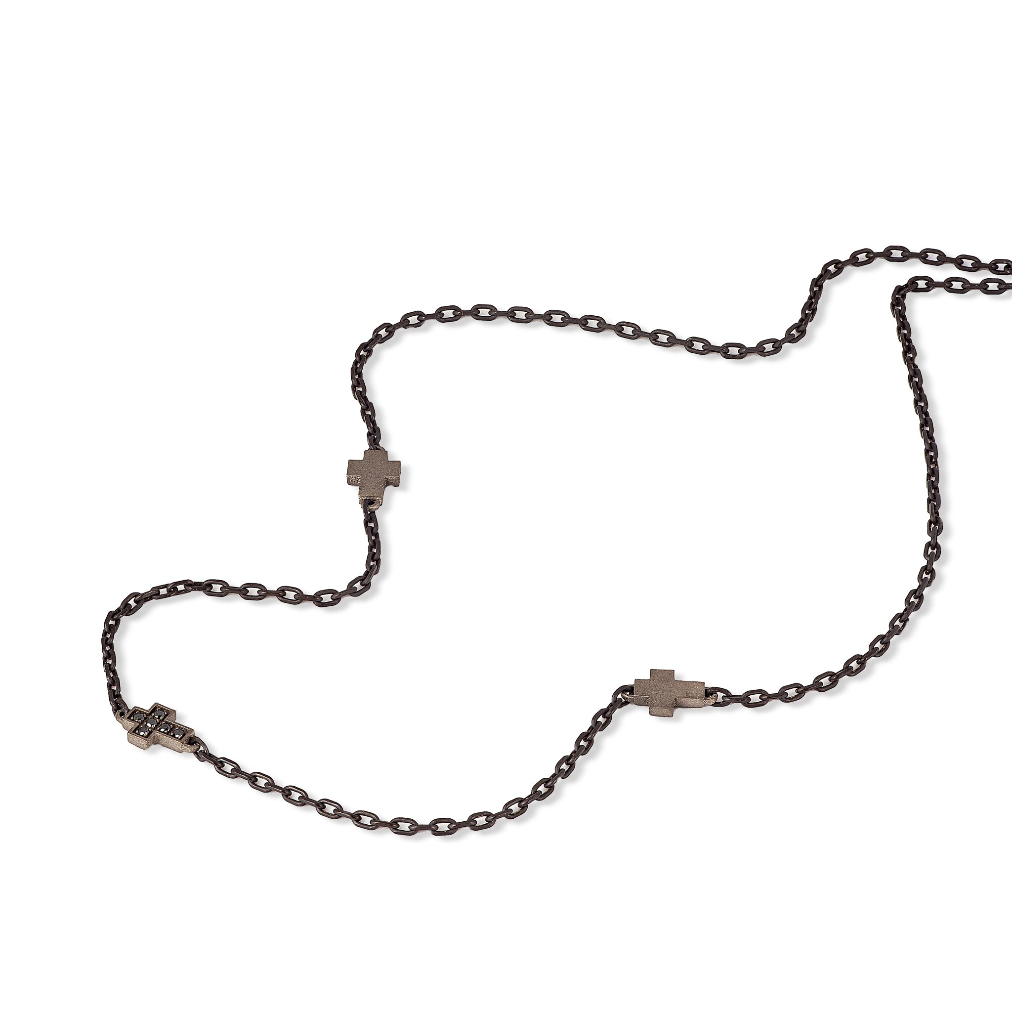 COLLANA UOMO IN TITANIO COMPOSTA DA 3 CROCI E DIAMANTI BLACK, ORO ROSSO 9 KT E CATENA.