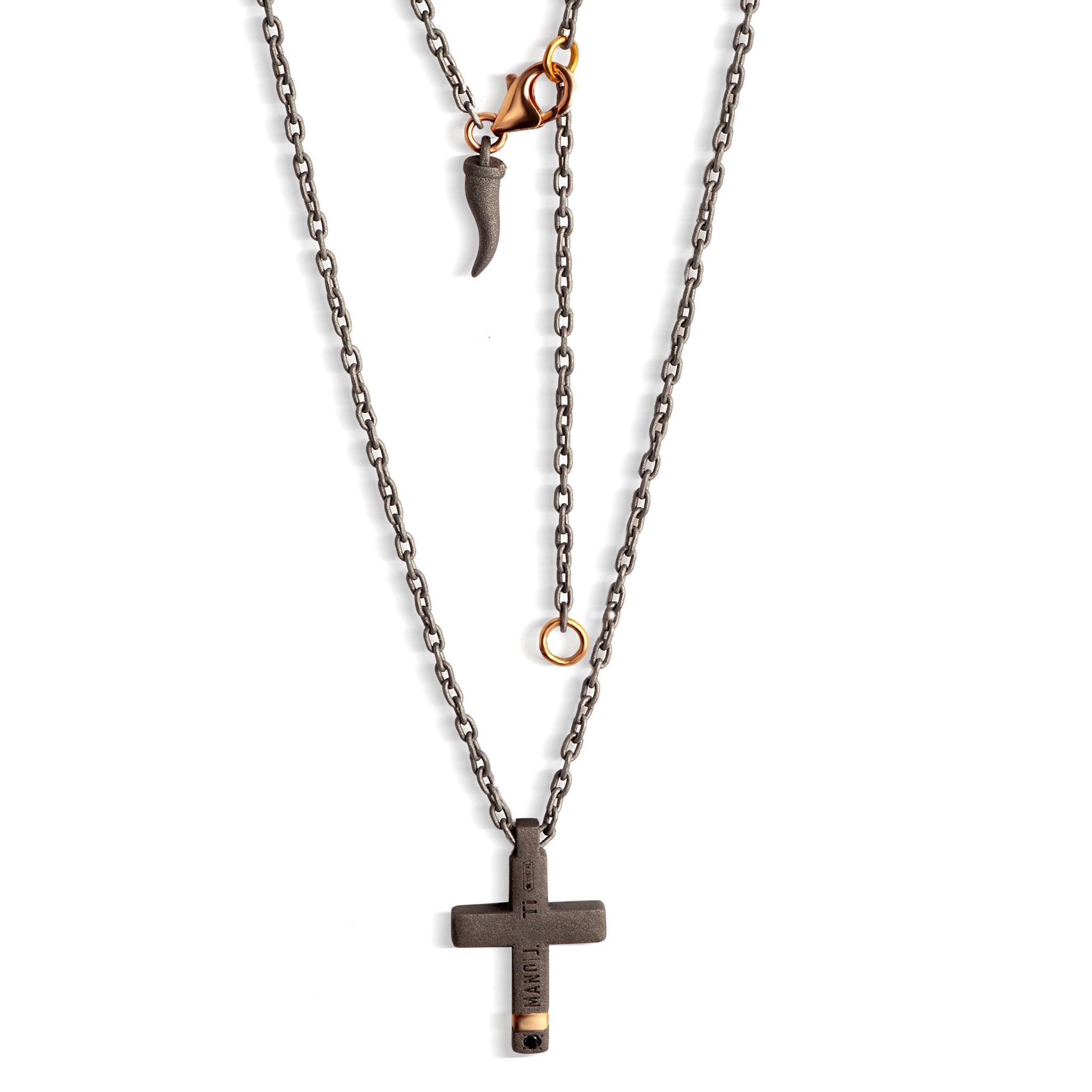 Necklace with CROCE MEDIA IN Titanium, Rose gold 18 KT, Rose gold 9 KT, Diamonds BLACK and CATENA.