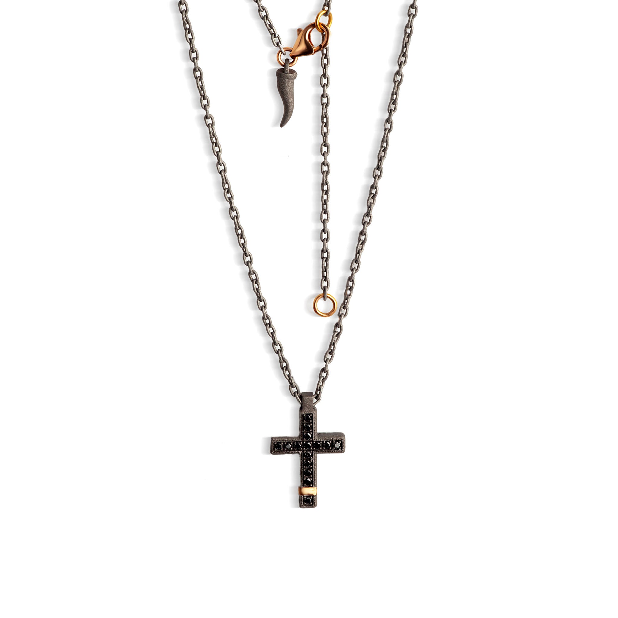 Necklace with CROCE MEDIA IN Titanium, Rose gold 18 KT, Rose gold 9 KT, Diamonds BLACK and CATENA.