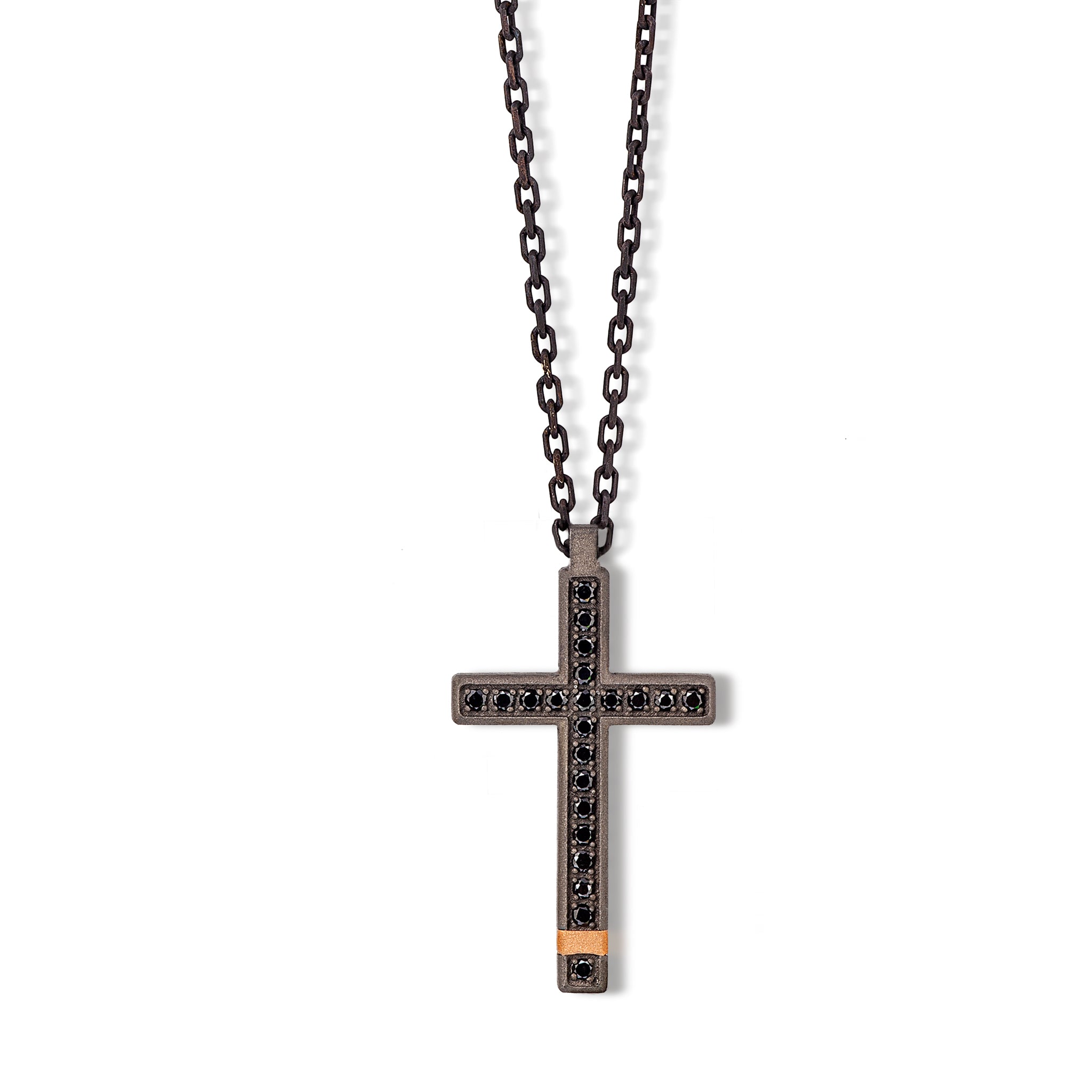 COLLANA CON CROCE IN TITANIO,ORO ROSSO, 22 DIAMANTI BLACK E CATENA.