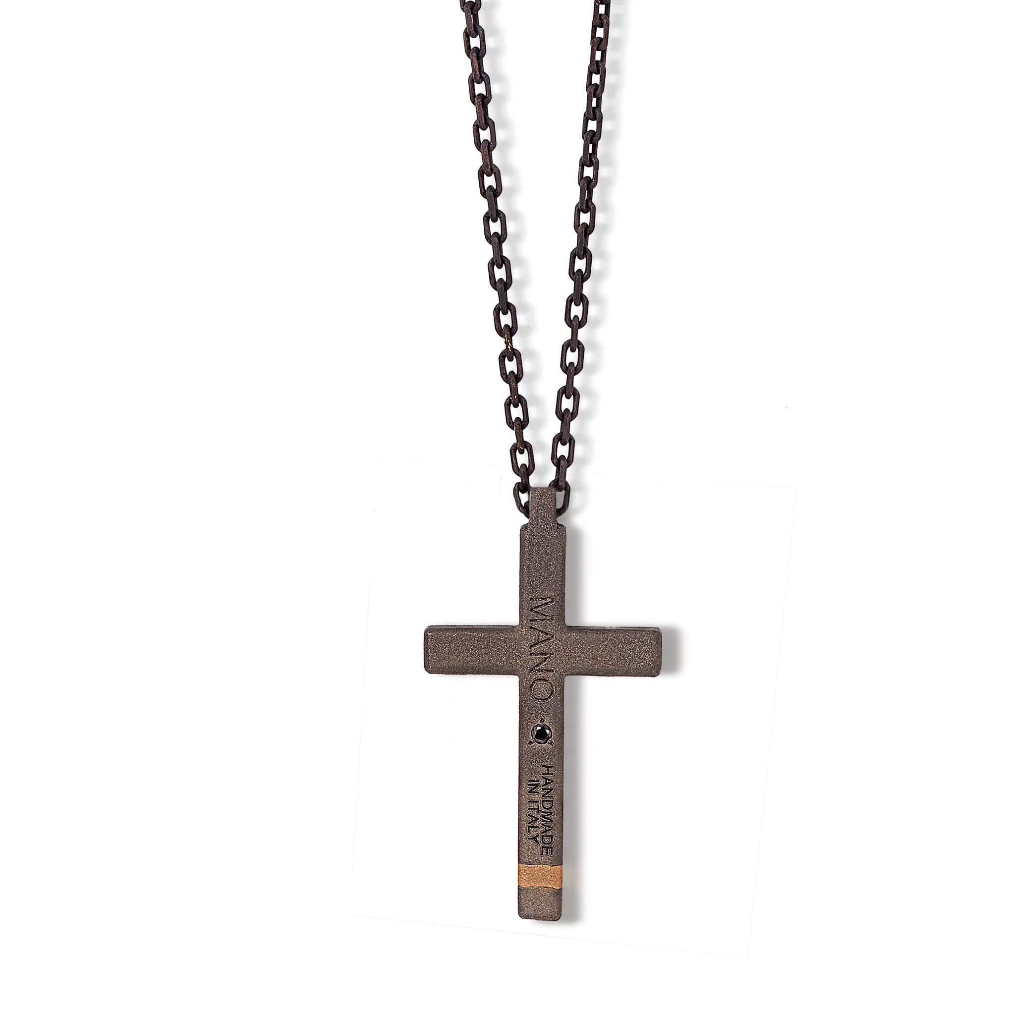 COLLANA CON CROCE IN TITANIO,ORO ROSSO, 22 DIAMANTI BLACK E CATENA.