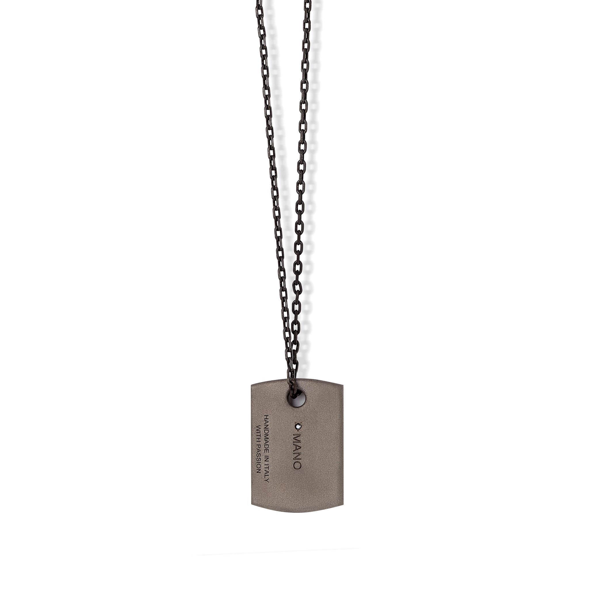 COLLANA CON TARGHETTA IN TITANIO, DIAMANTI BLACK E ORO ROSSO 9 KT.