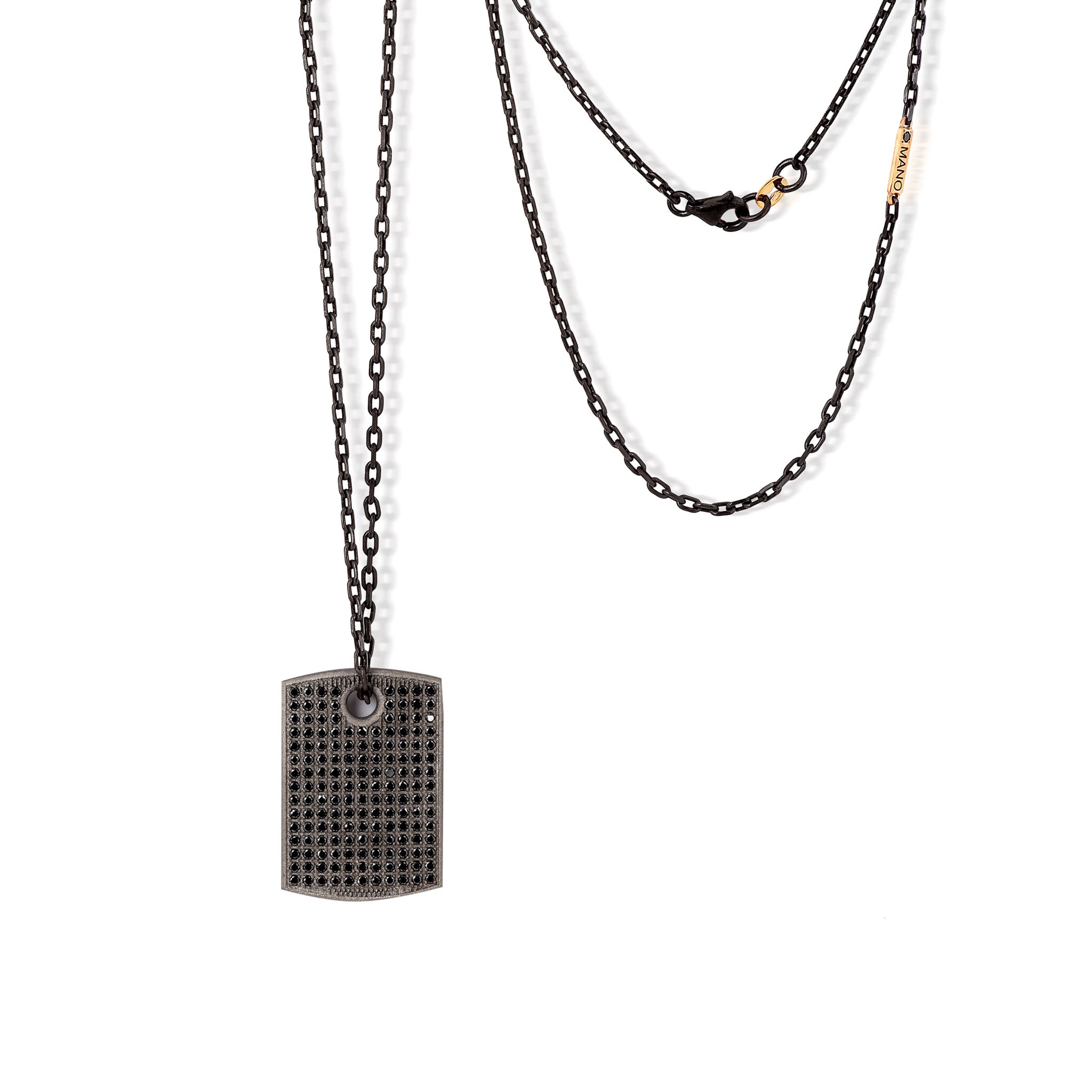 COLLANA CON TARGHETTA IN TITANIO, DIAMANTI BLACK E ORO ROSSO 9 KT.
