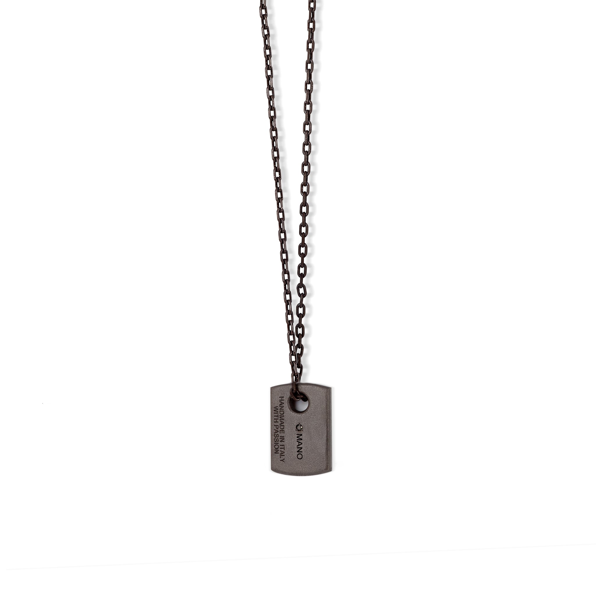 COLLIER AVEC PETITE PLAQUE EN TITANE, DIAMANTS NOIRS, OR ROUGE 18 KT, OR ROUGE 9 KT ET CHAÎNE
