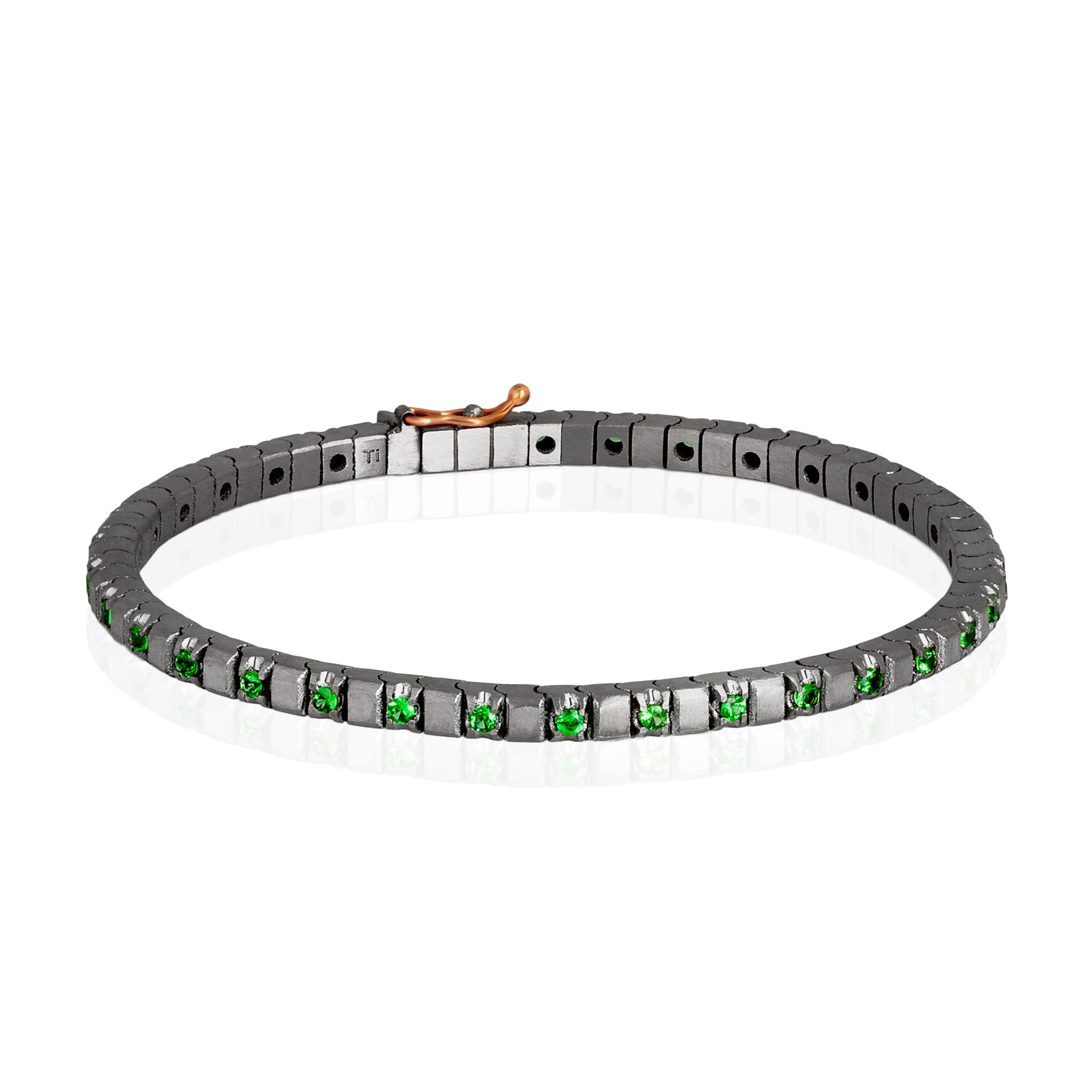 BRACCIALE TENNIS CLASSICO IN TITANIO, ORO ROSSO 18 KT E ZAVORRITI DA 3 PUNTI ALTERNATE.