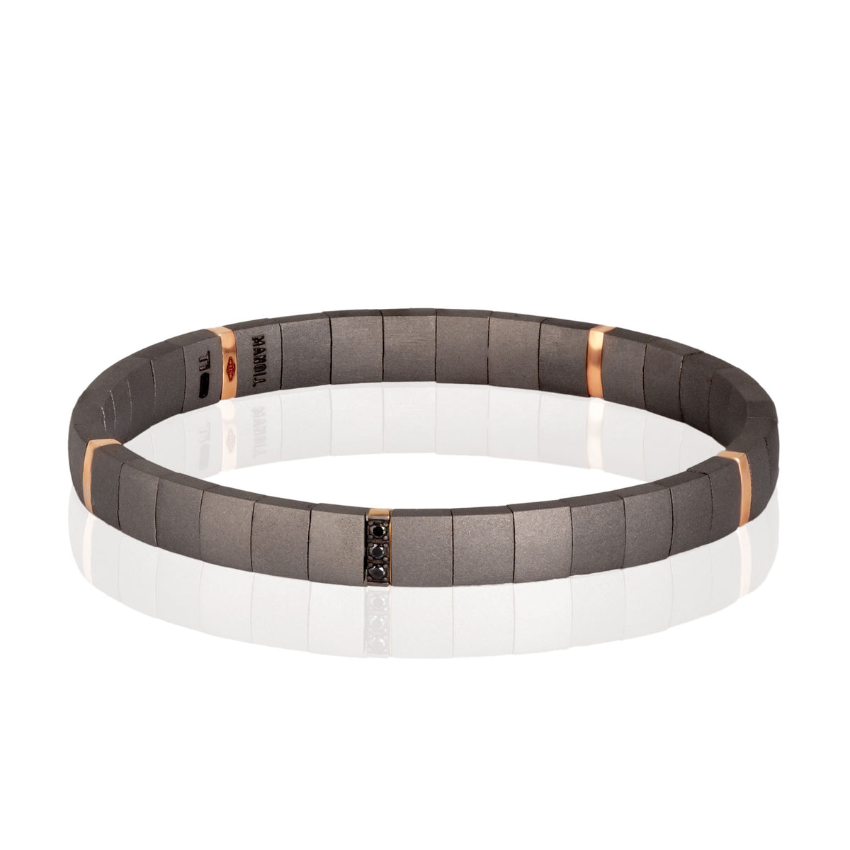 BRACCIALE IN TITANIO A DOPPIA MOLLA CON 5 MODULI MEDI IN ORO ROSSO 9 KT E DIAMANTI BLACK