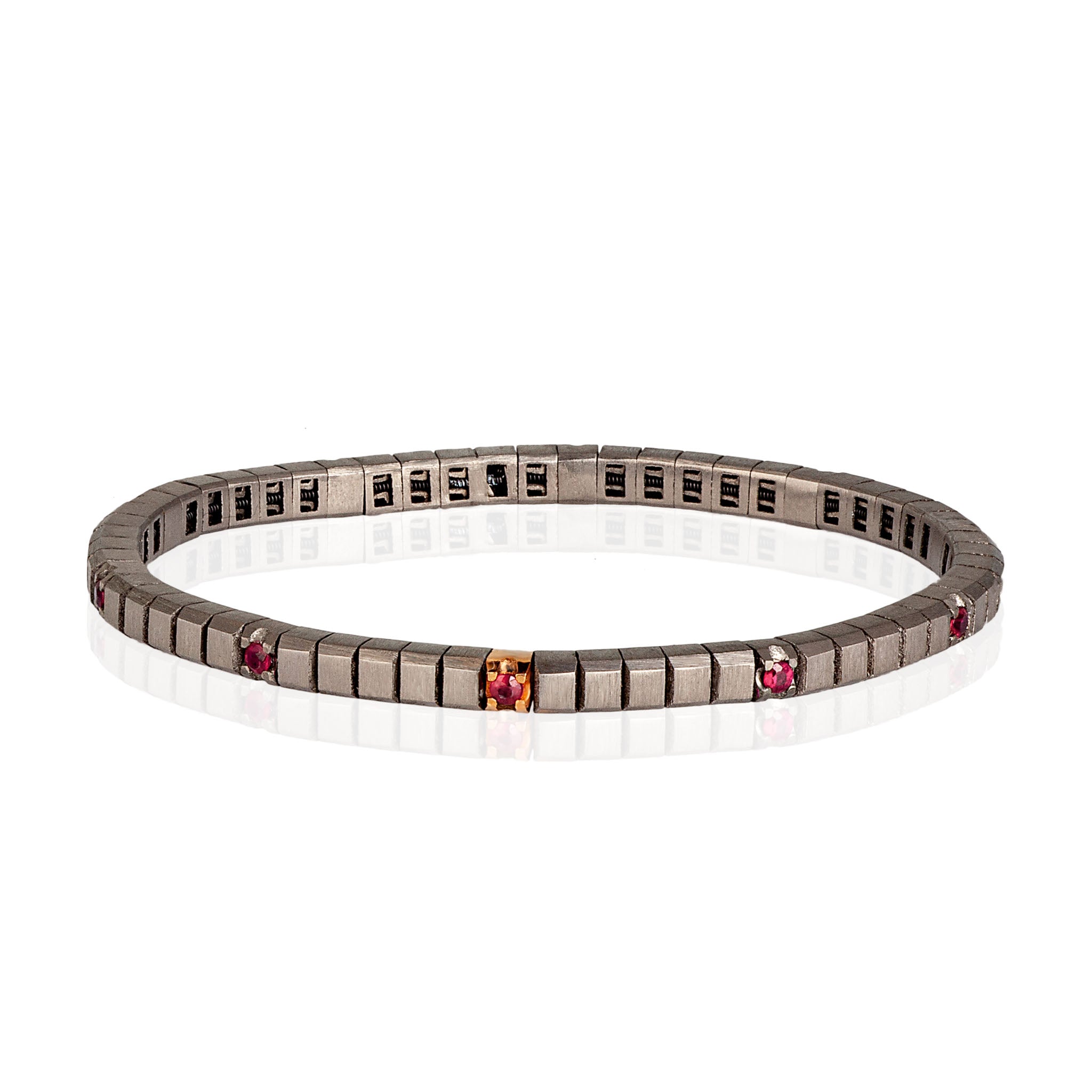 BRACCIALE TENNIS LINEA ELASTICA IN TITANIO, ORO ROSSO 18 KT E 10 RUBINI DA 5 PUNTI