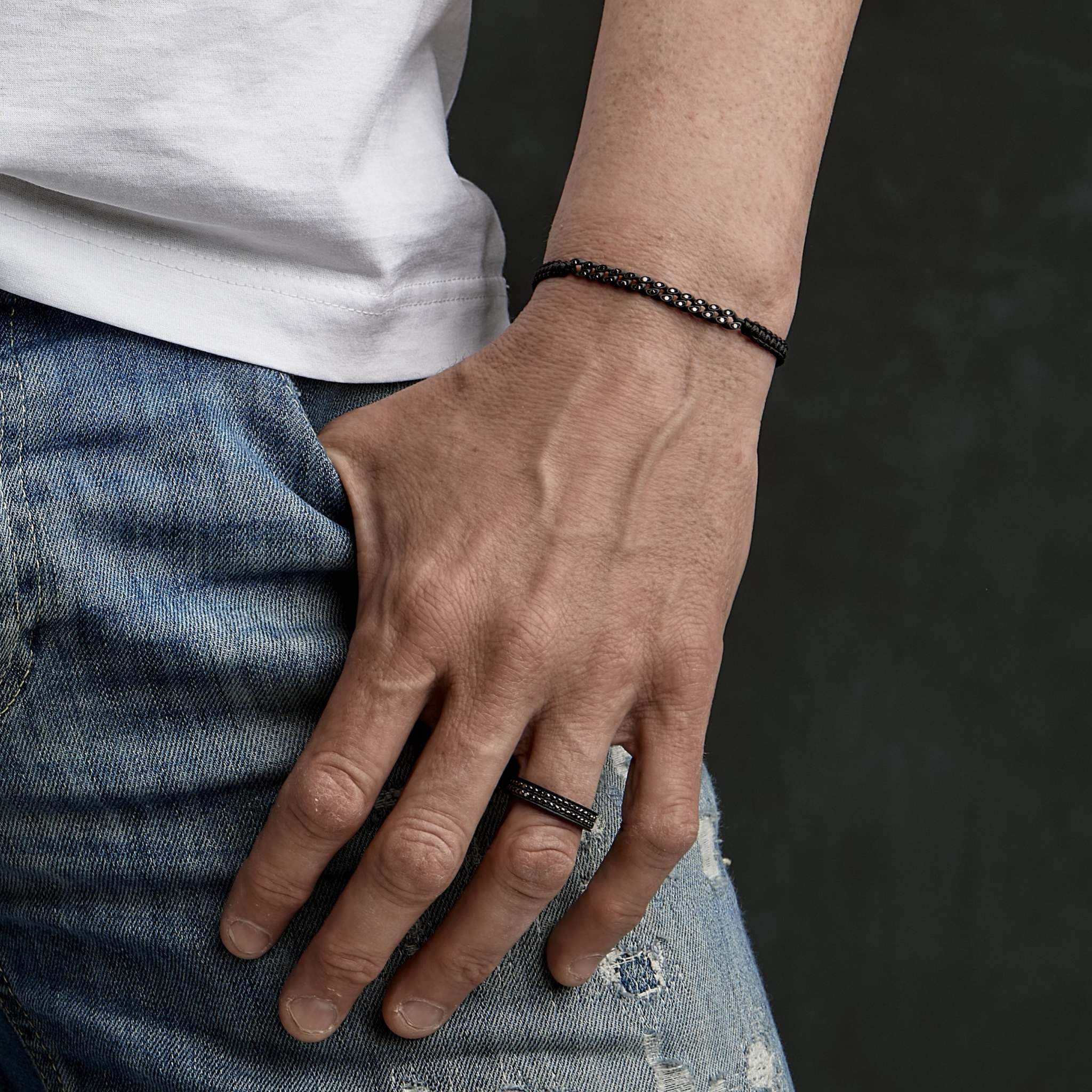 BRACCIALE GROUMETTE NAUTICA MINI IN TITANIO NERO CON DIAMANTI BLACK E LACCIO NERO INTRECCIATO