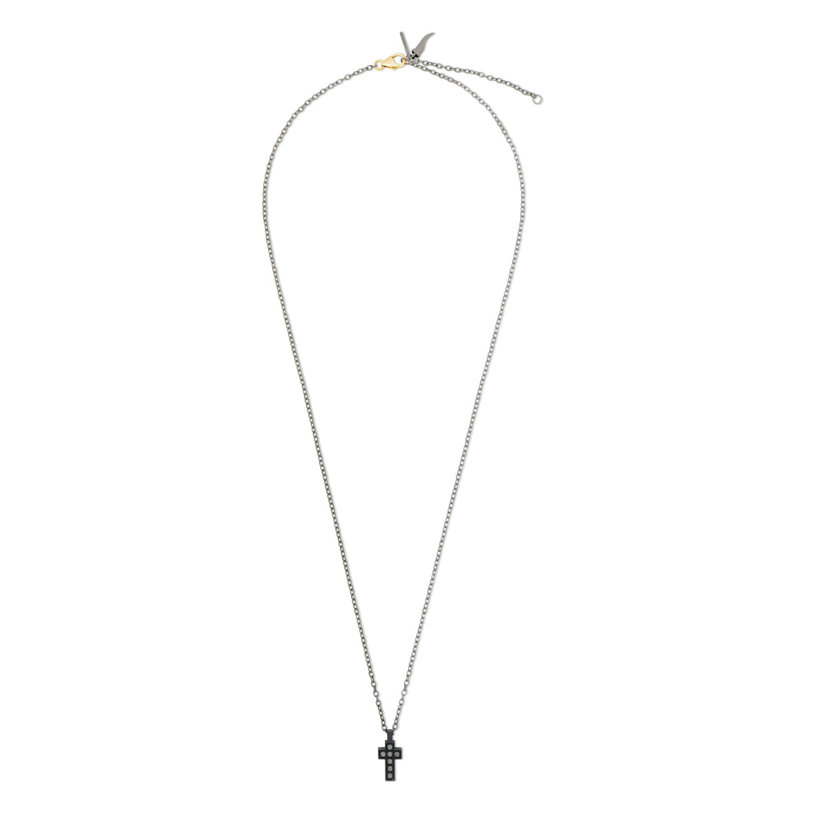 COLLANA IN TITANIO NERO CON CROCE, DIAMANTI BLACK E MOSCHETTONE IN ORO ROSSO 9 KT
